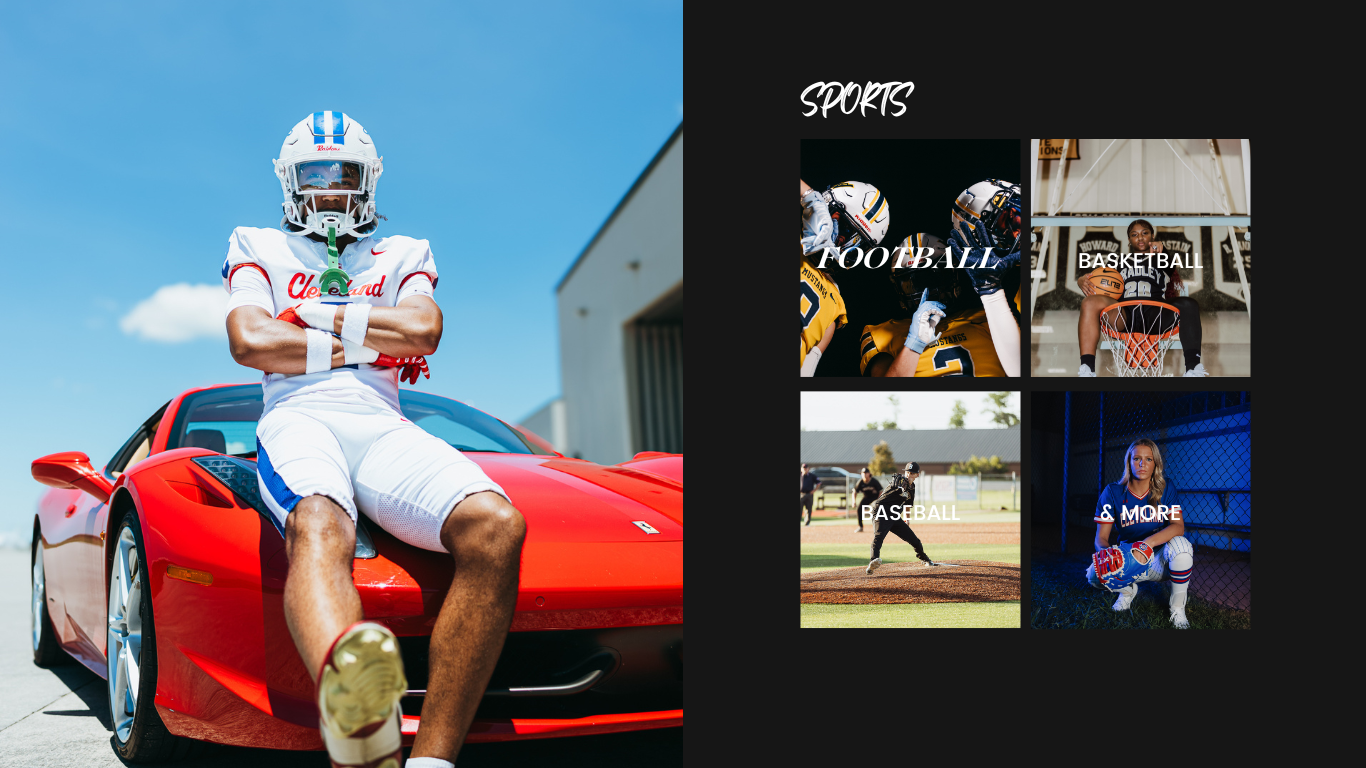 A football player in white uniform poses on a red sports car beside a sports collage featuring football, basketball, and more.