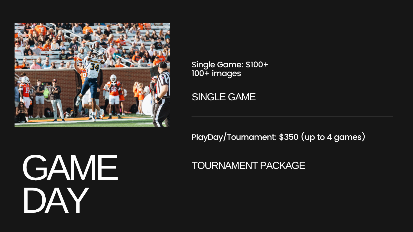 Game day photography pricing slide showing single game and tournament packages with a football action shot on a dark background.