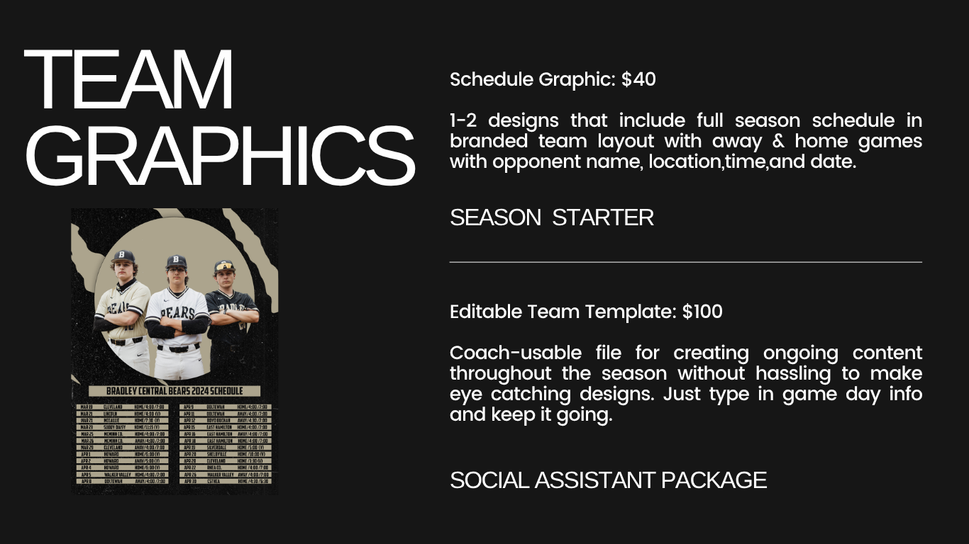 Dark sports team graphics package slide showcasing schedule design options and pricing for baseball team branding services.
