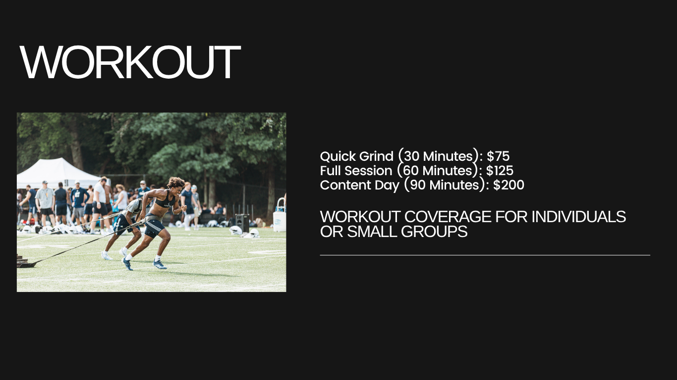 Athletes training during a workout session with pricing options for Quick Grind, Full Session, and Content Day coverage.