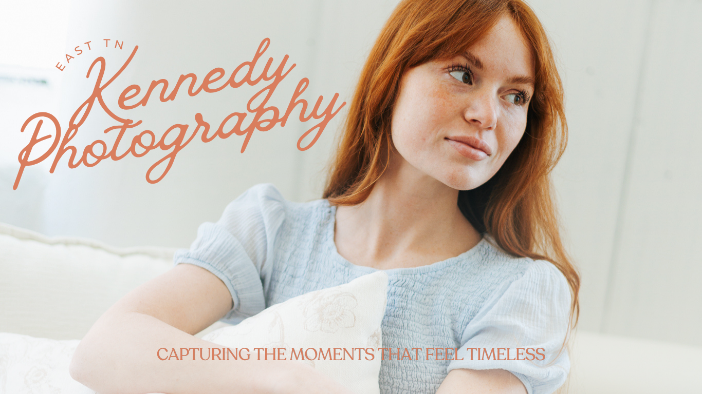 Kennedy Photography branding image featuring red-haired woman with tagline capturing timeless moments.
