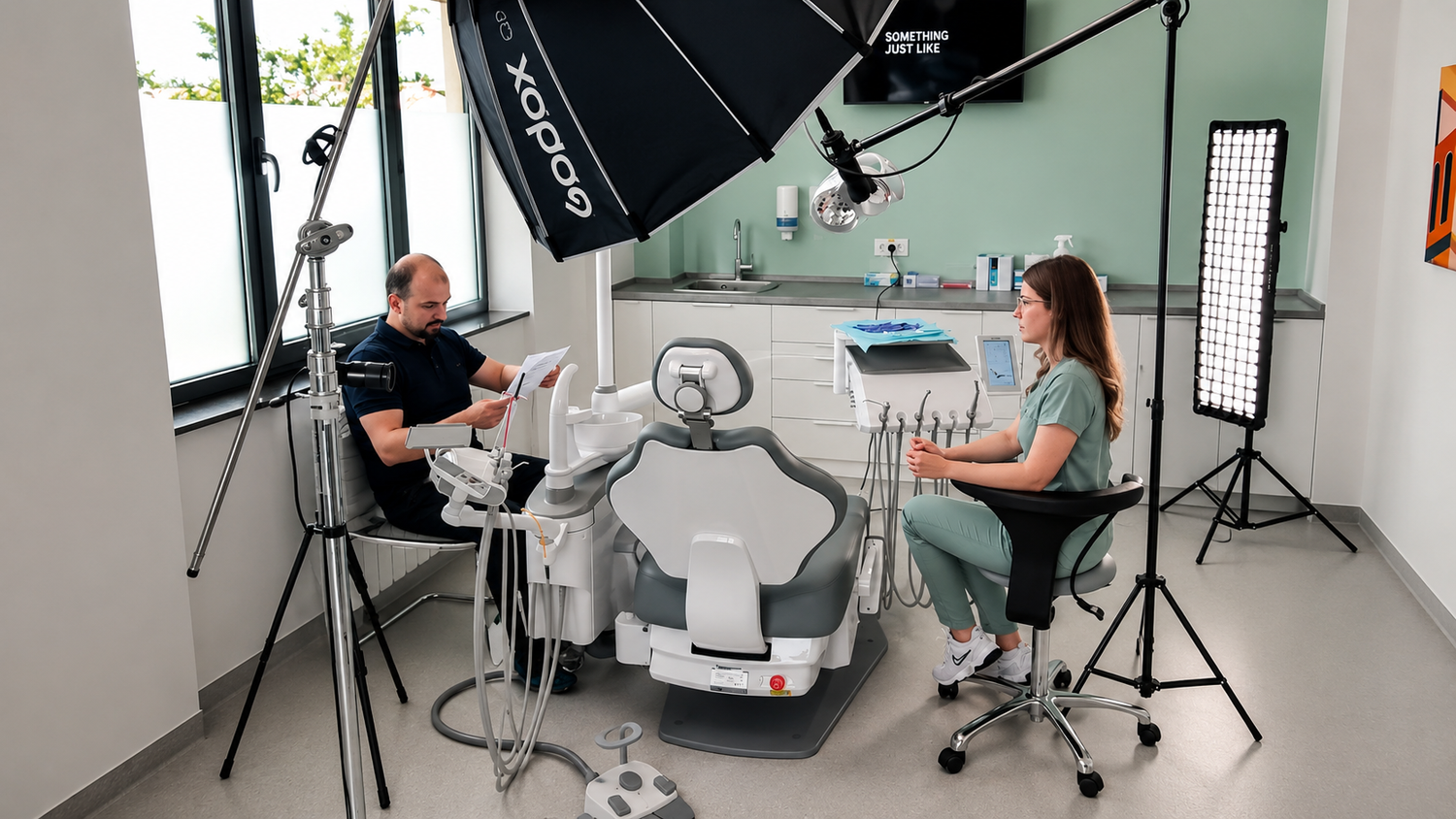 Ședință foto și video într-o clinică stomatologică modernă. Imagine behind-the-scenes din timpul producției de conținut profesional pentru p