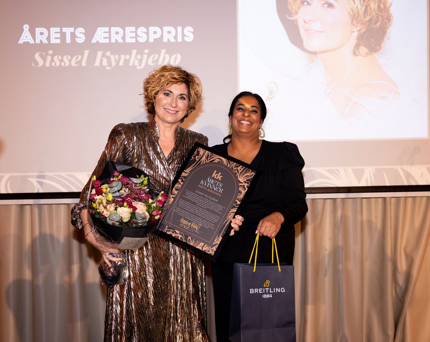 Sissel Kyrkjebø på KK-galla på Grand Hotel 2025 og kulturminister Lubna Jaffrey