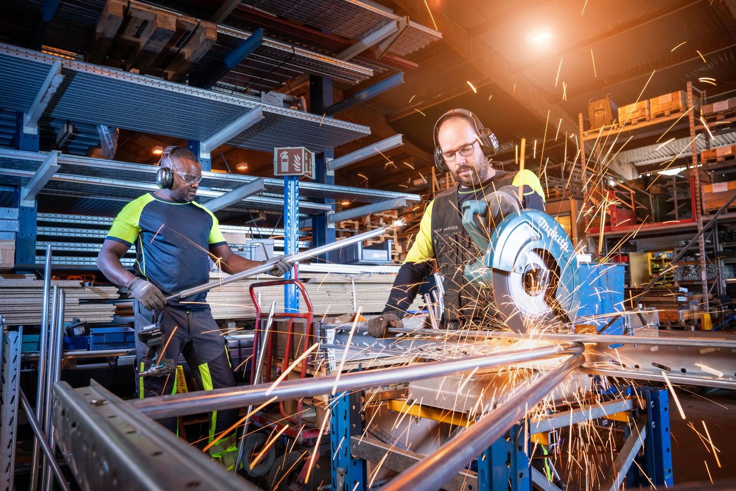 Two factory workers in safety gear operate an angle grinder with sparks flying in warehouse.