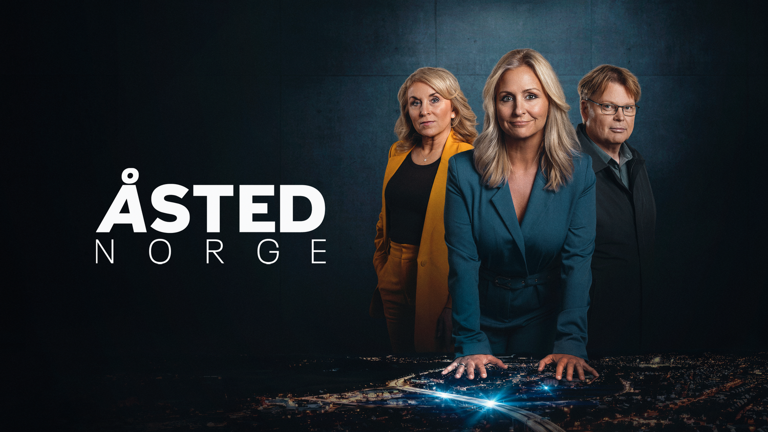 Three cast members of Åsted Norge crime investigation TV show posed dramatically against a dark background.