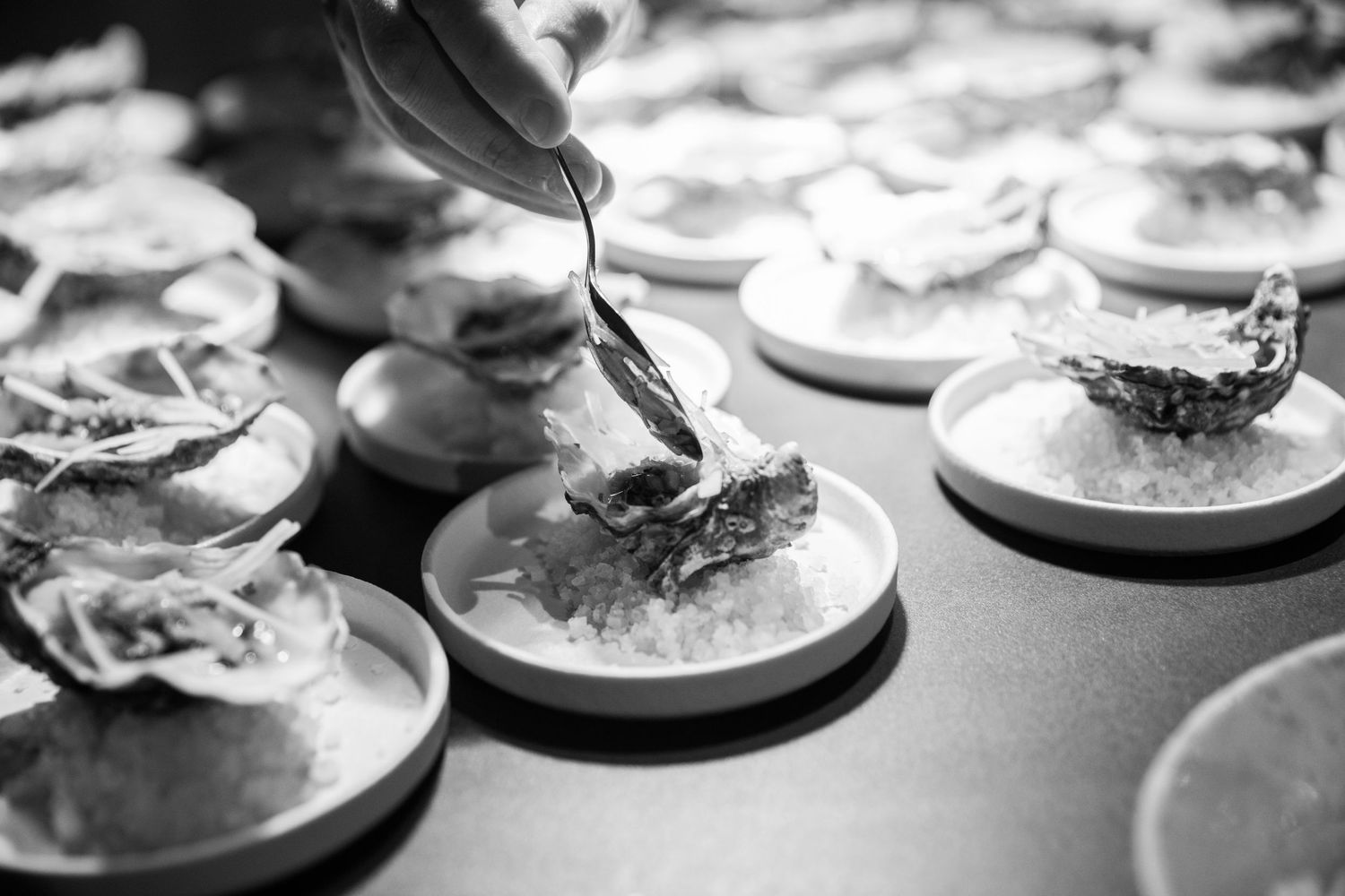 Chef using tongs to plate oysters on individual small dishes filled with salt at a gourmet event.