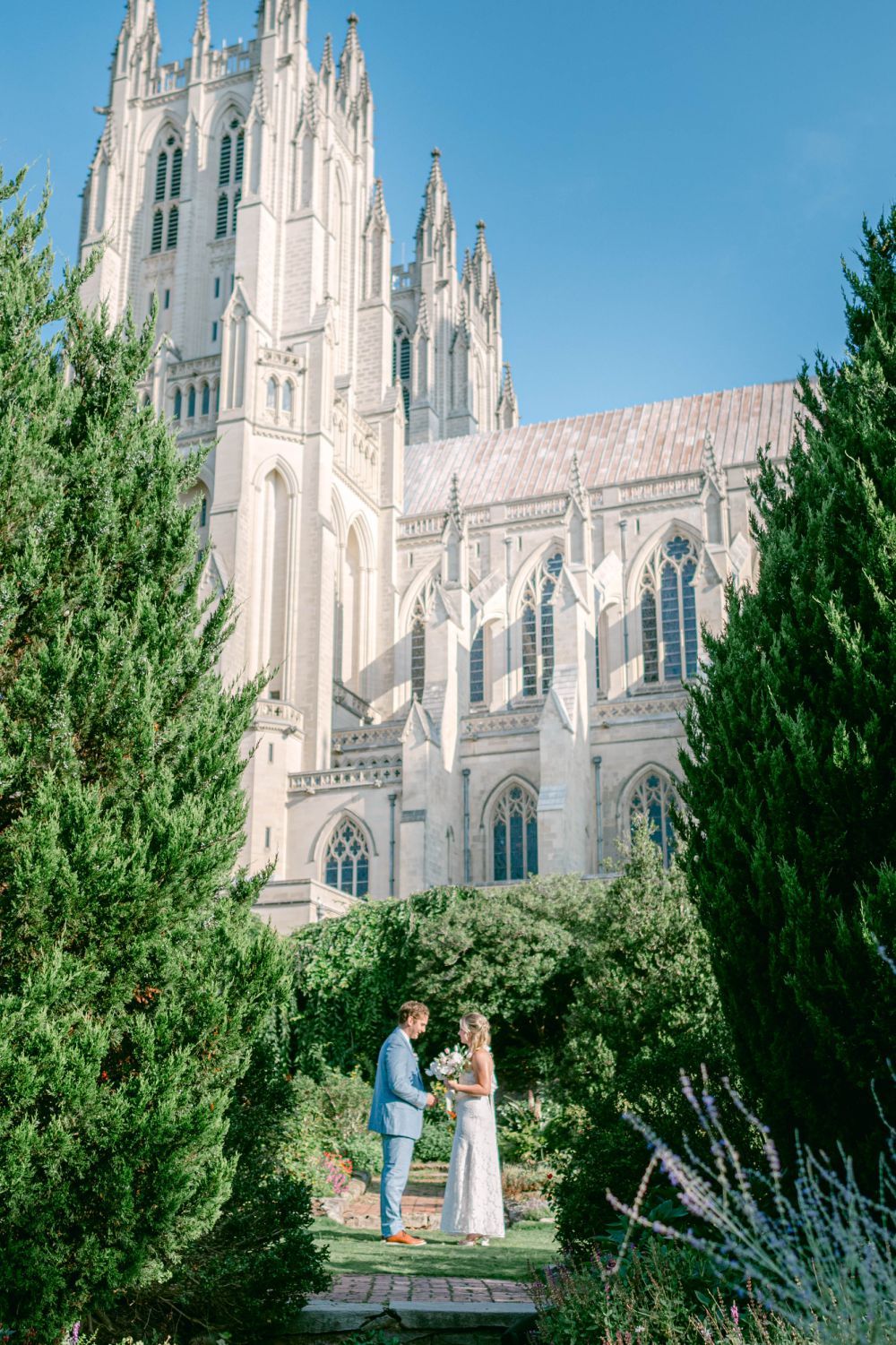 Bride and groom exchanging vows during intimate National Cathedral elopement ceremony in Washington DC