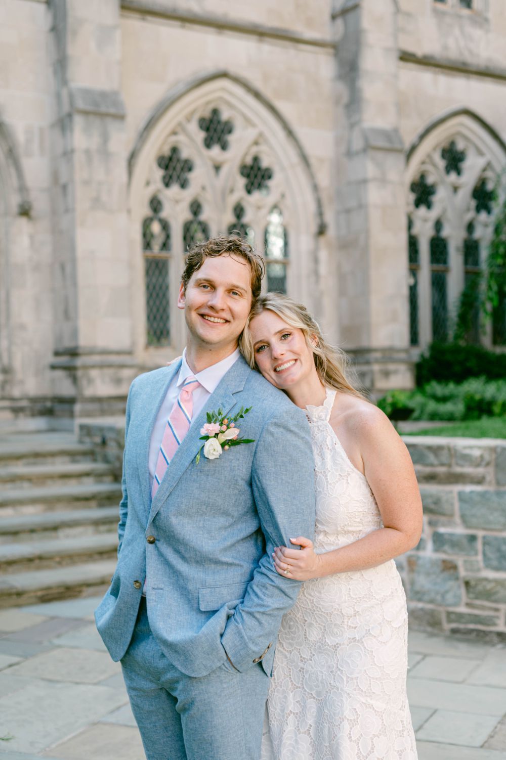 Bride and groom portraits in National Cathedral's Bishop's Garden with medieval landscaping