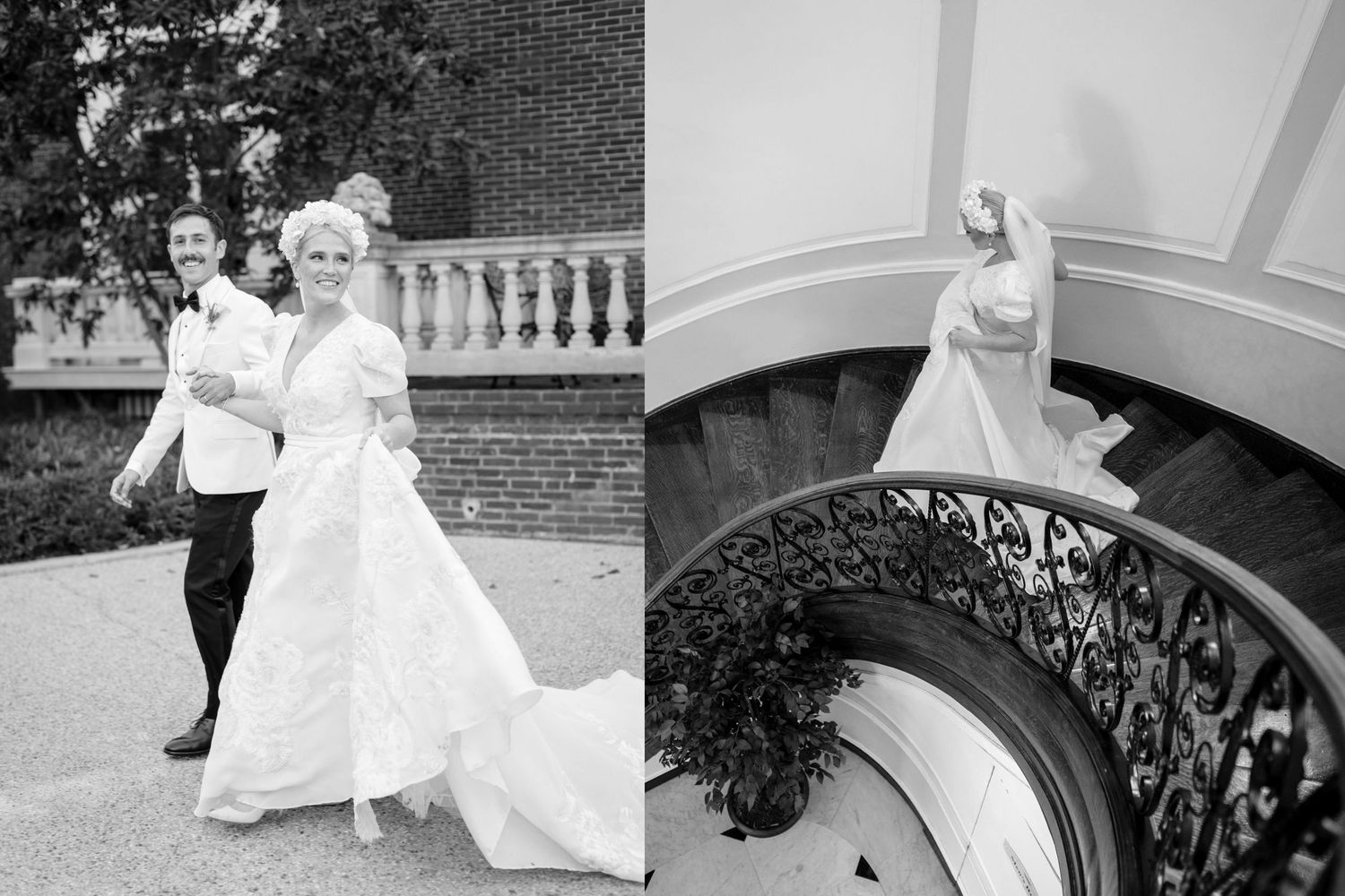 Elegant wedding photos being taken on ornate white balconies and staircases.
