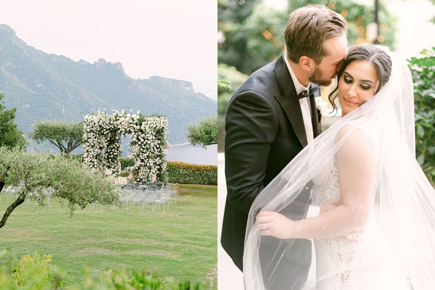 Elegant outdoor wedding ceremony setup with floral arch and mountain backdrop next to intimate couple portrait.