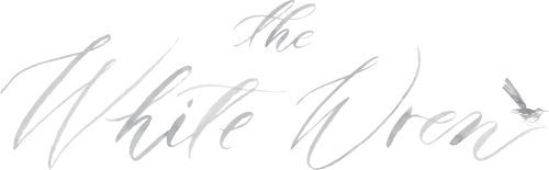 Elegant handwritten cursive text reading 'The White Door' sketched in light gray pencil on white paper.