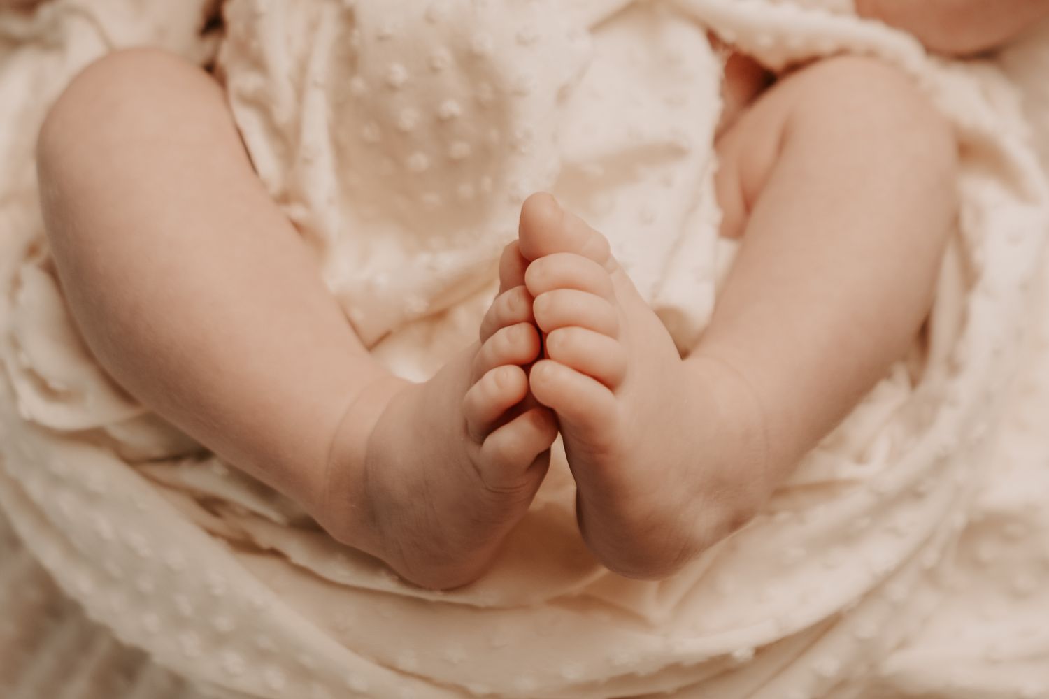 Close up of newborn baby toes wrapped in a dot textured blanket in a studio setting with Keely King Photography