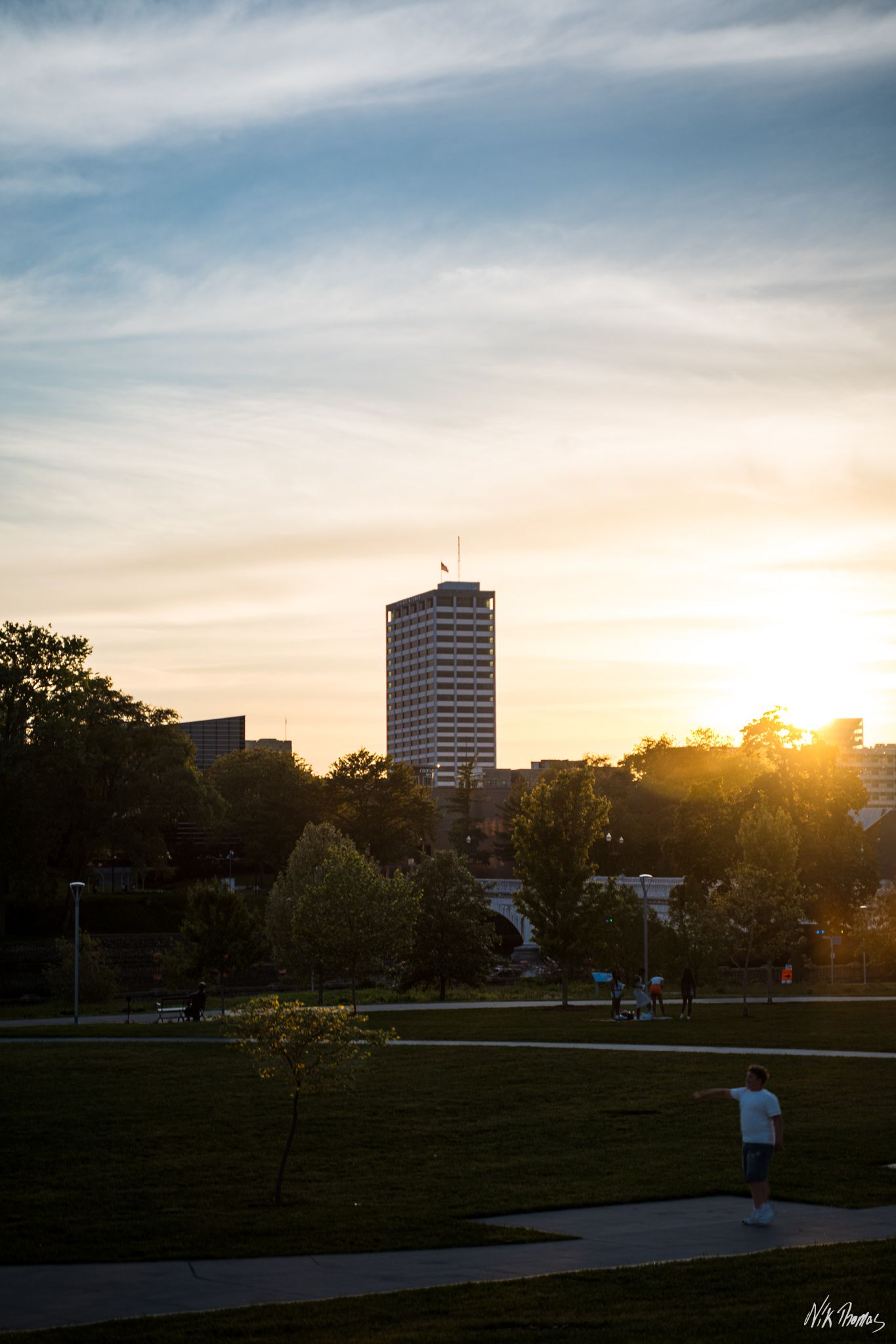 Liberty Tower in South Bend, IN, in the evening during a sunset.