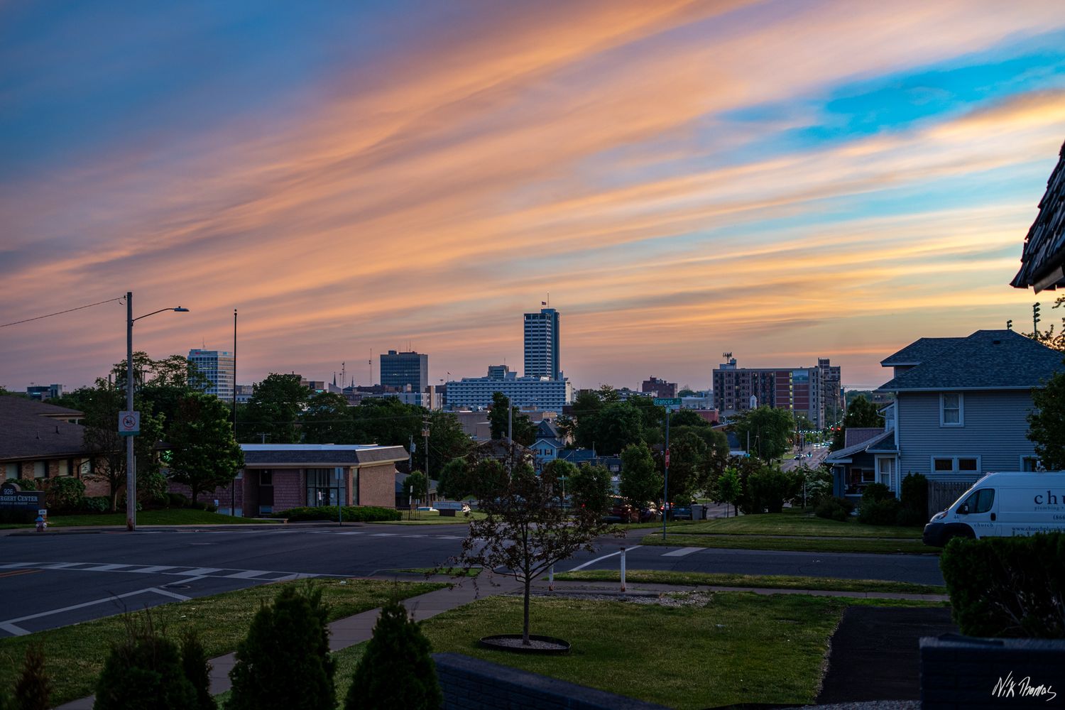 South Bend cityscape in the evening during a sunset