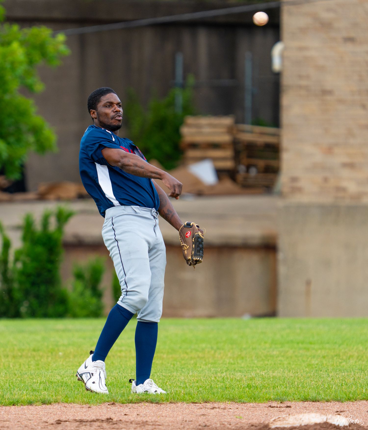 Baseball player in navy uniform throwing ball on green field during outdoor game.