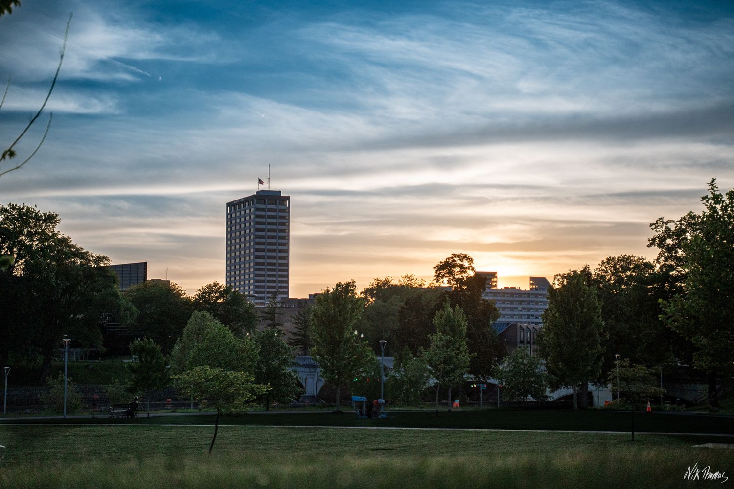 Liberty Tower in South Bend, IN, in the evening during a sunset.