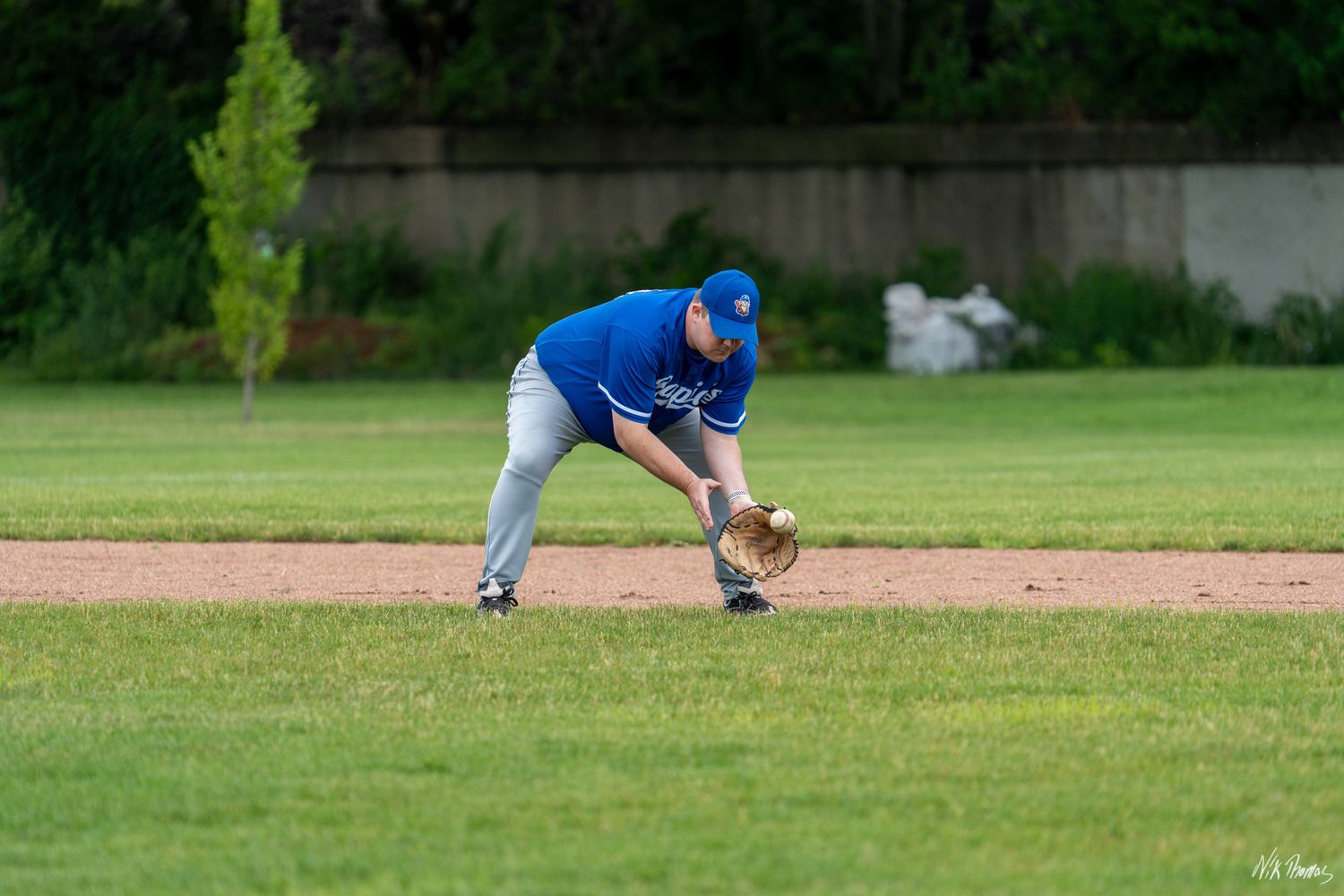Baseball infielder in blue uniform fielding a ground ball on a sunny day during a game.