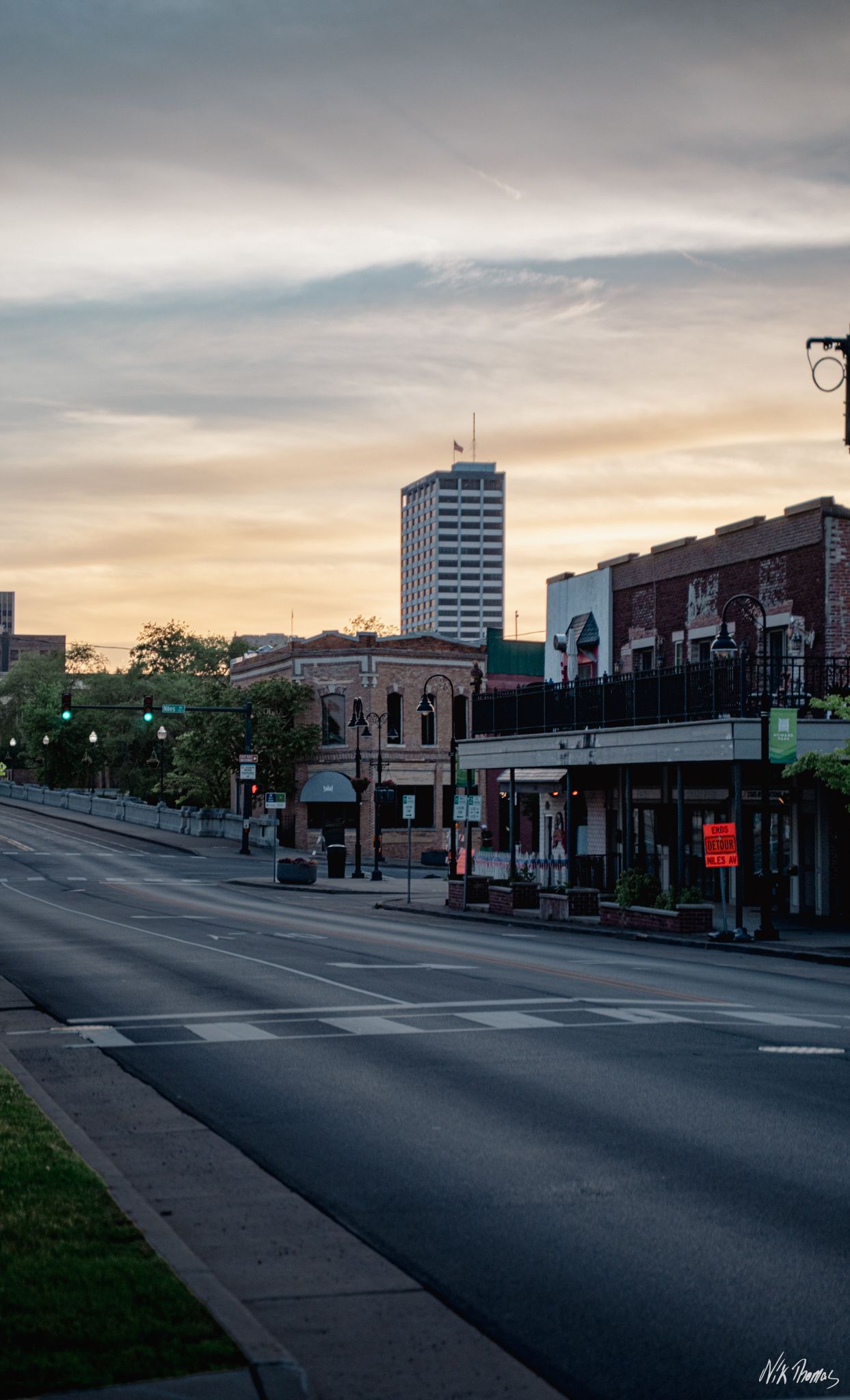 Liberty Tower in South Bend, IN, in the evening during a sunset.