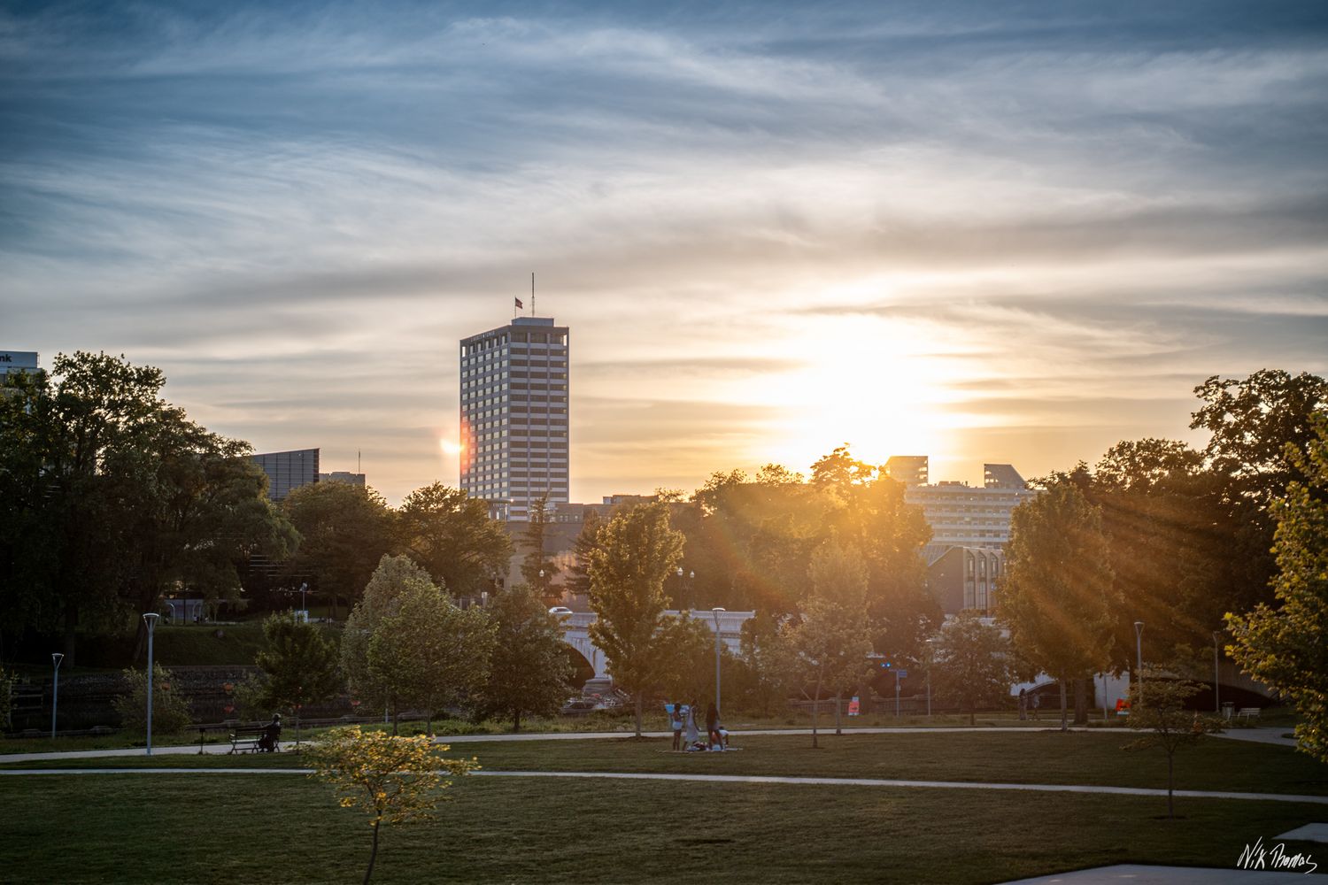 Liberty Tower in South Bend, IN, in the evening during a sunset.