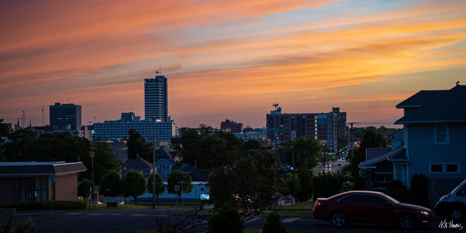 South Bend cityscape in the evening during a sunset