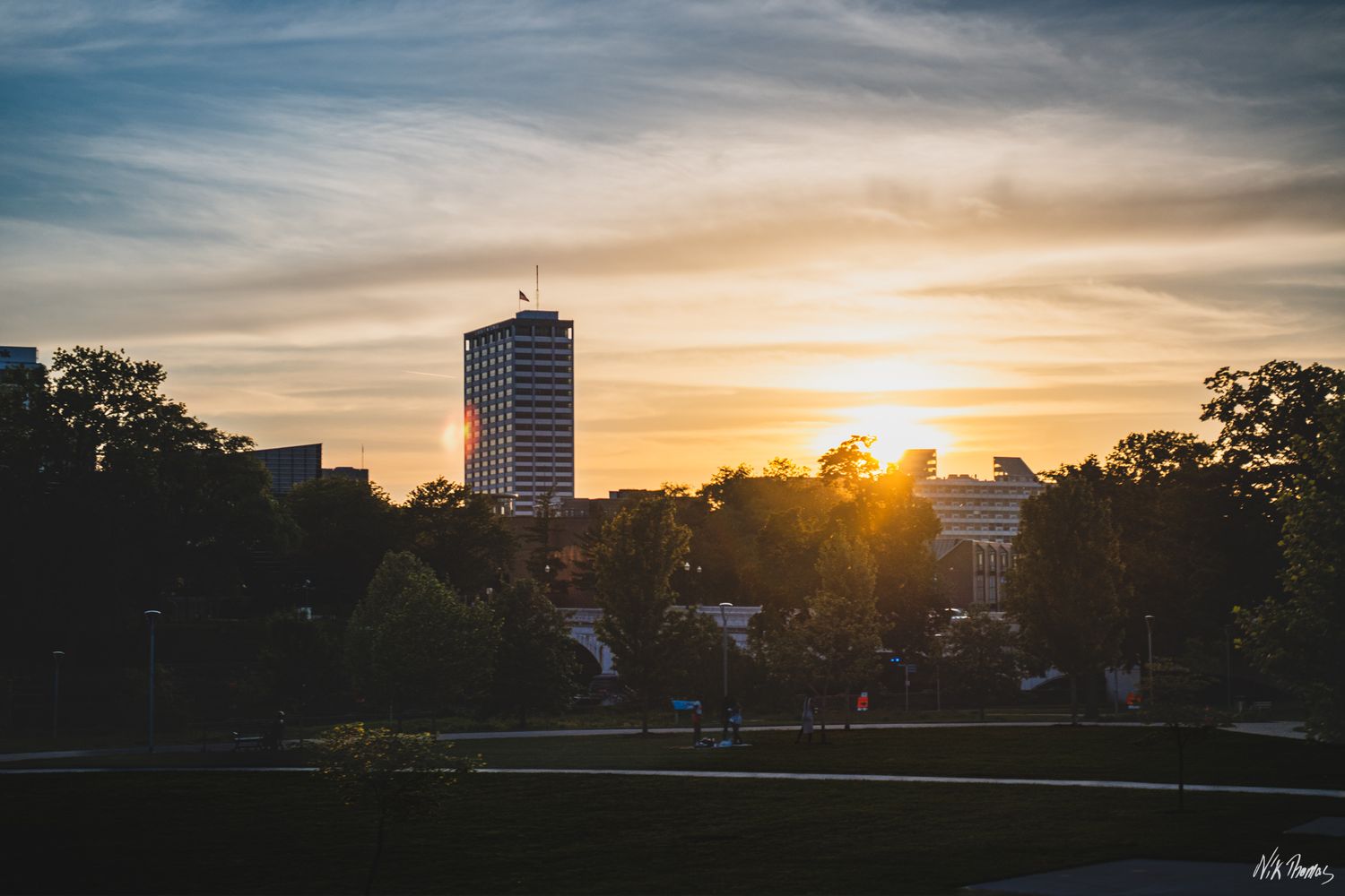 Liberty Tower in South Bend, IN, in the evening during a sunset.