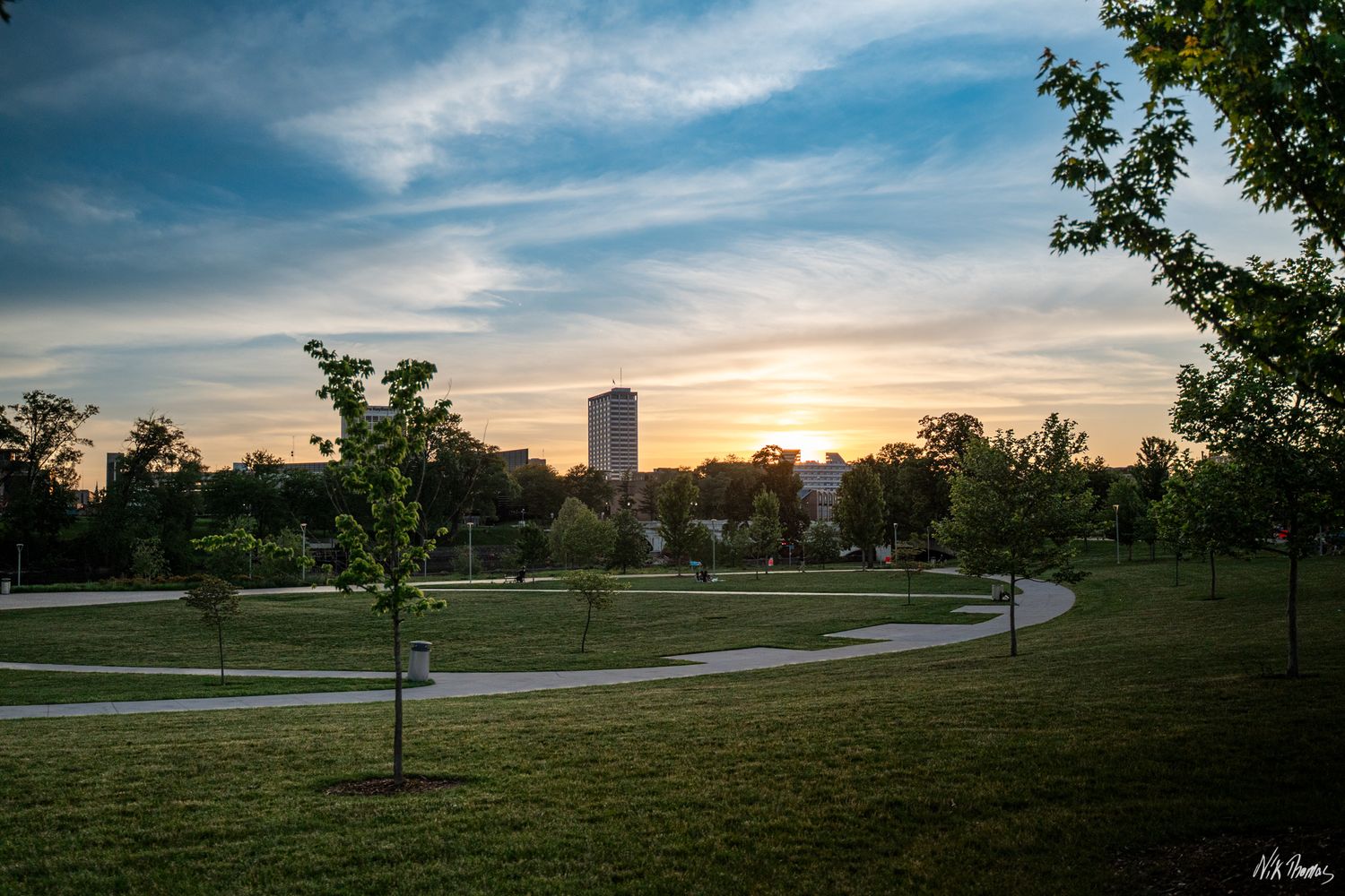 Liberty Tower in South Bend, IN, in the evening during a sunset.