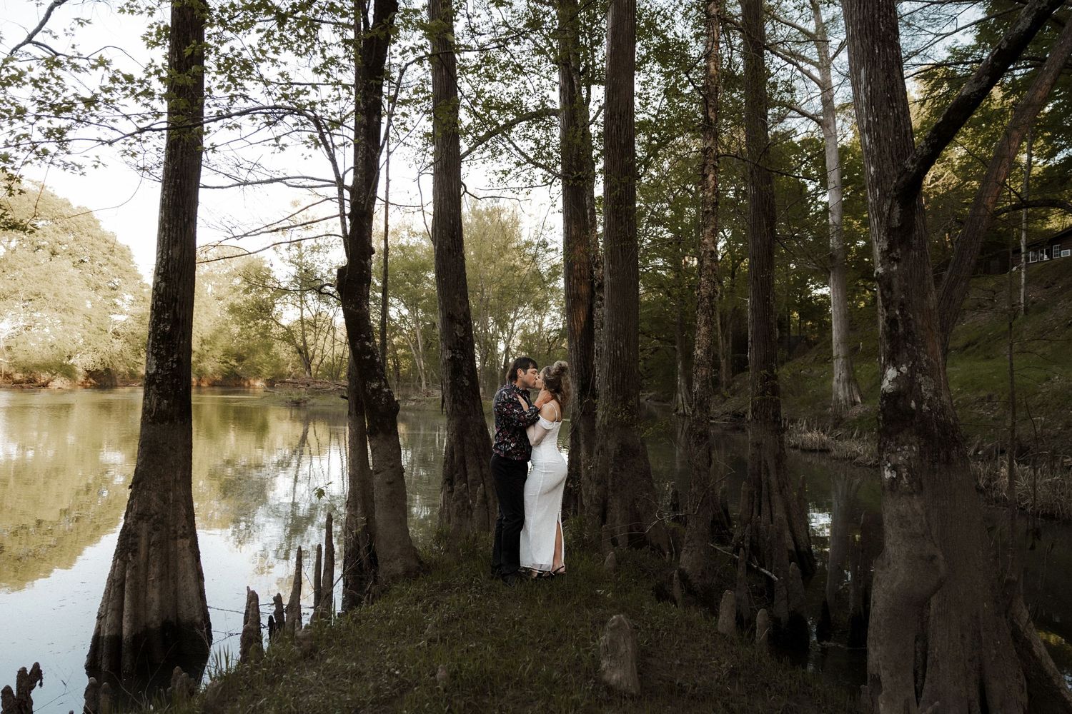 Wedding couple embraces among tall cypress trees beside a tranquil reflective river in a lush forest.