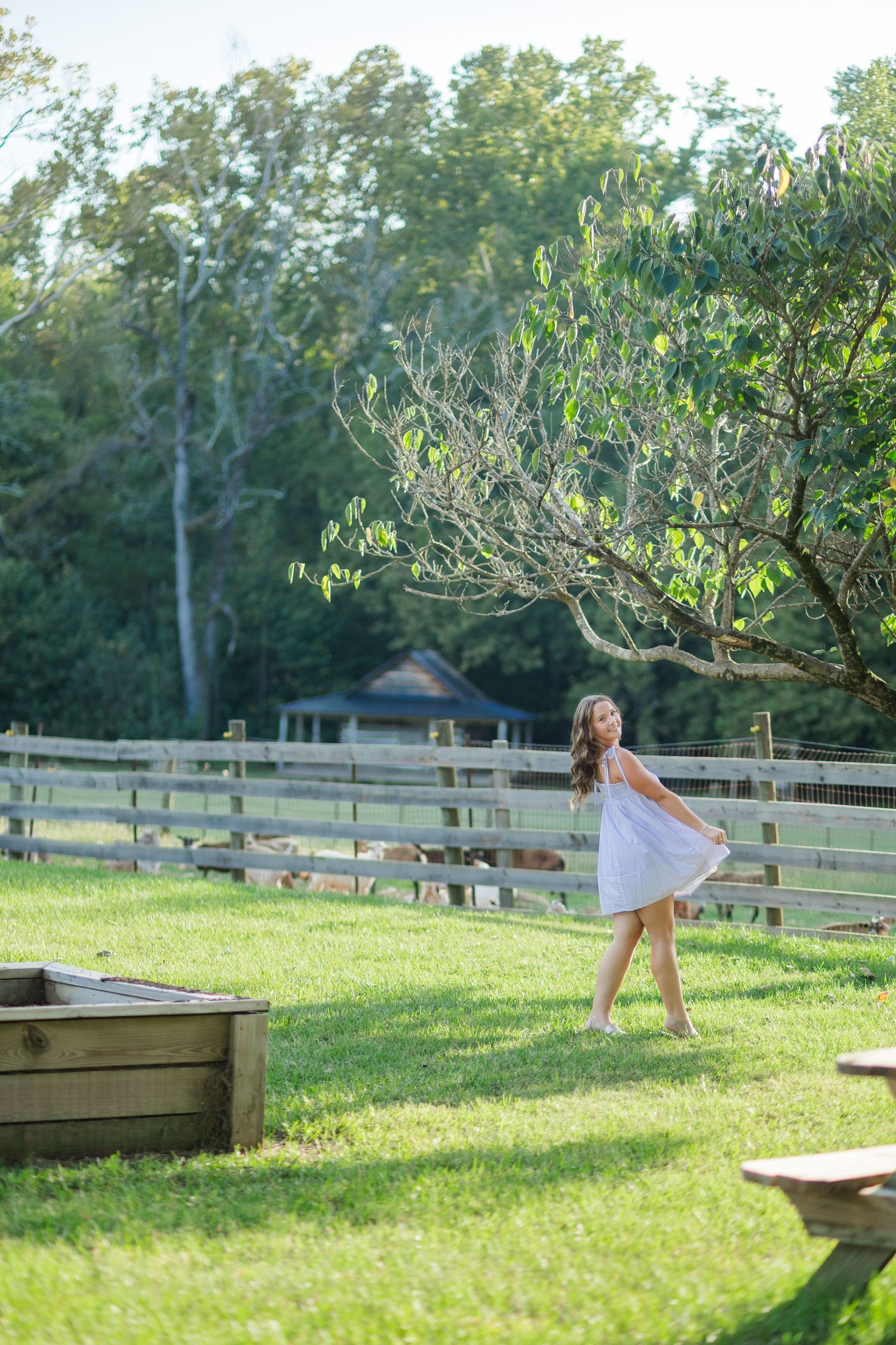 A young woman in a white dress twirls gracefully in a green farm yard with wooden fencing.