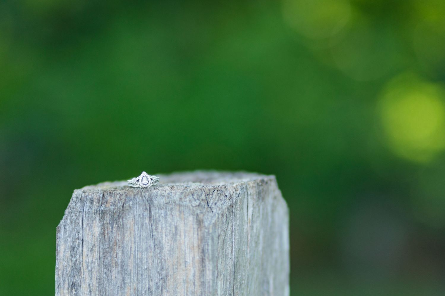 A diamond engagement ring resting on top of a weathered wooden fence post with a blurred green background.