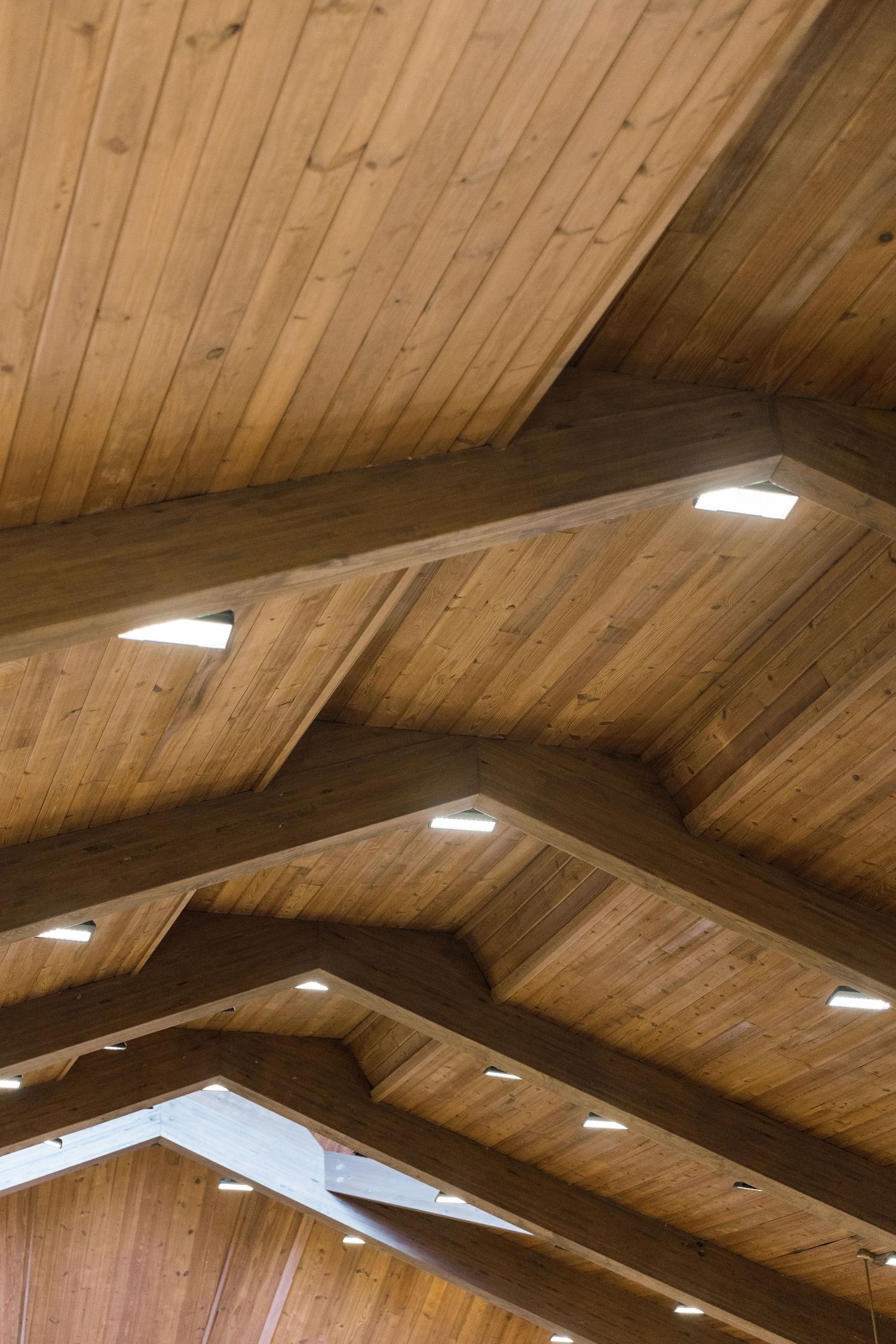 Rustic wooden vaulted ceiling with exposed beams and recessed LED lighting in an elegant interior space.