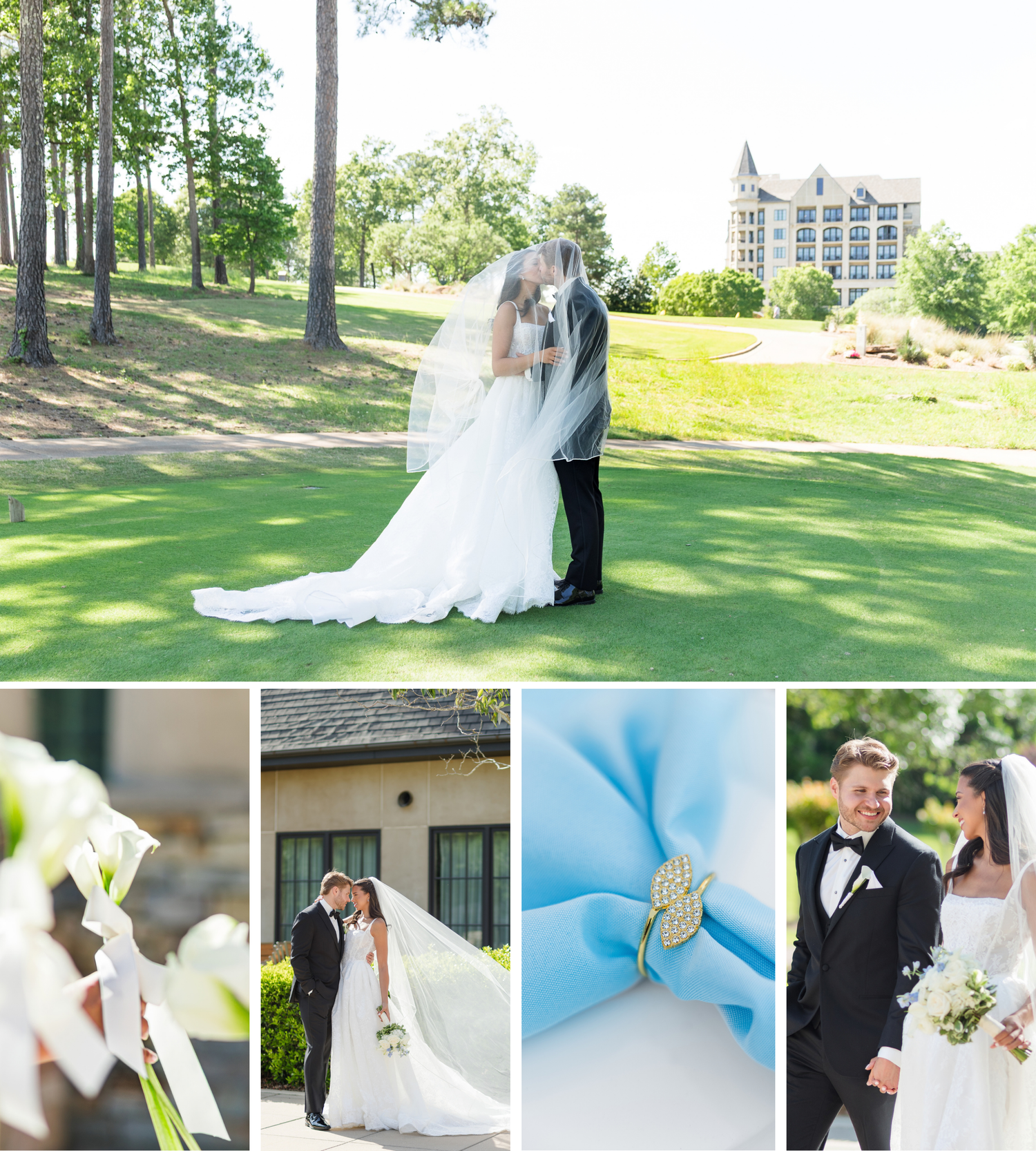Elegant wedding collage featuring bride and groom kissing on golf course, floral details, blue ribbon ring, and couple portrait.