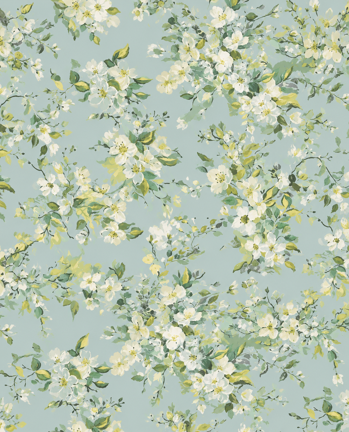 Soft blue wallpaper with scattered white and yellow floral clusters and green leaves in a delicate botanical pattern.