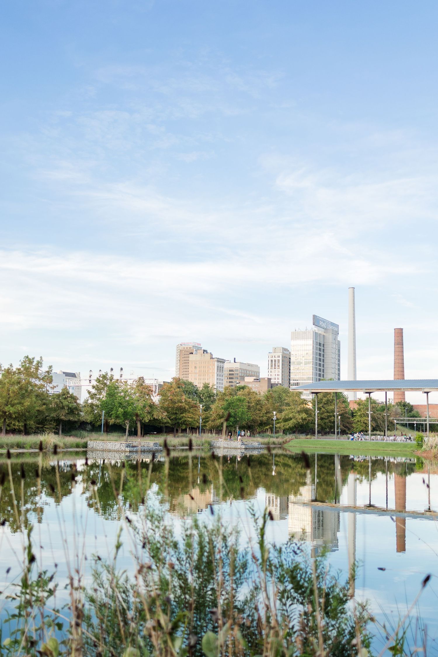 City skyline reflecting in calm urban lake with trees and blue sky in Birmingham, Alabama.
