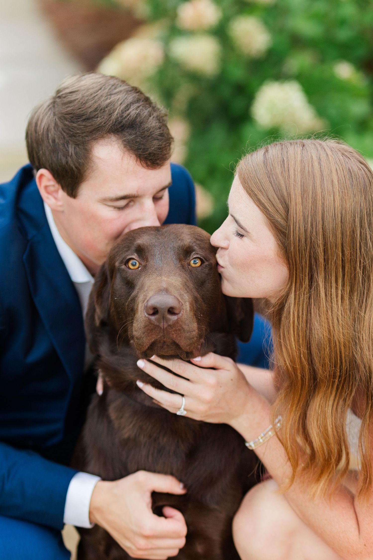 Couple in wedding attire kissing a chocolate Labrador retriever on the cheeks outdoors.