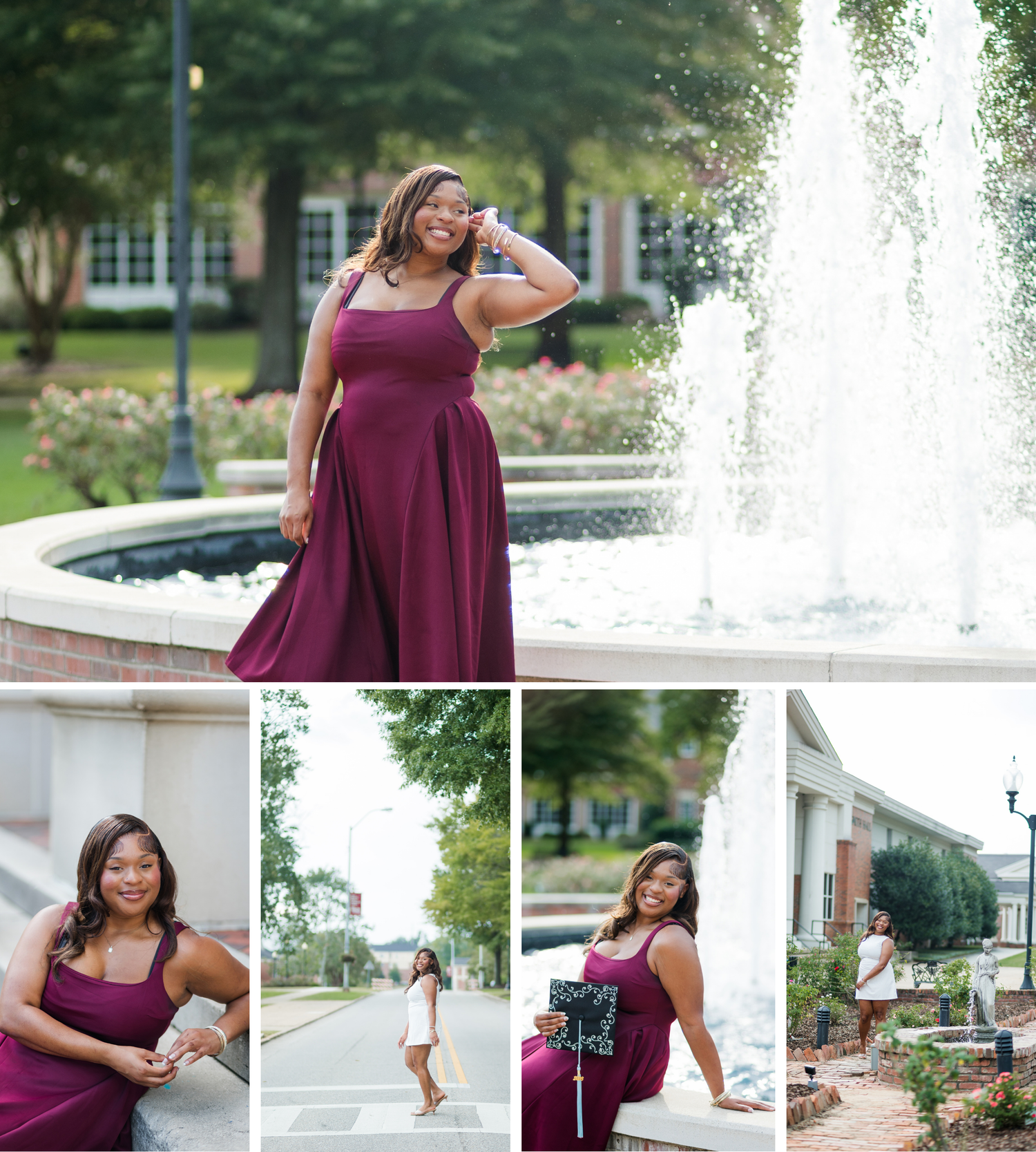 Young Black woman in elegant burgundy dress posing gracefully near a decorative fountain in a lush outdoor setting.