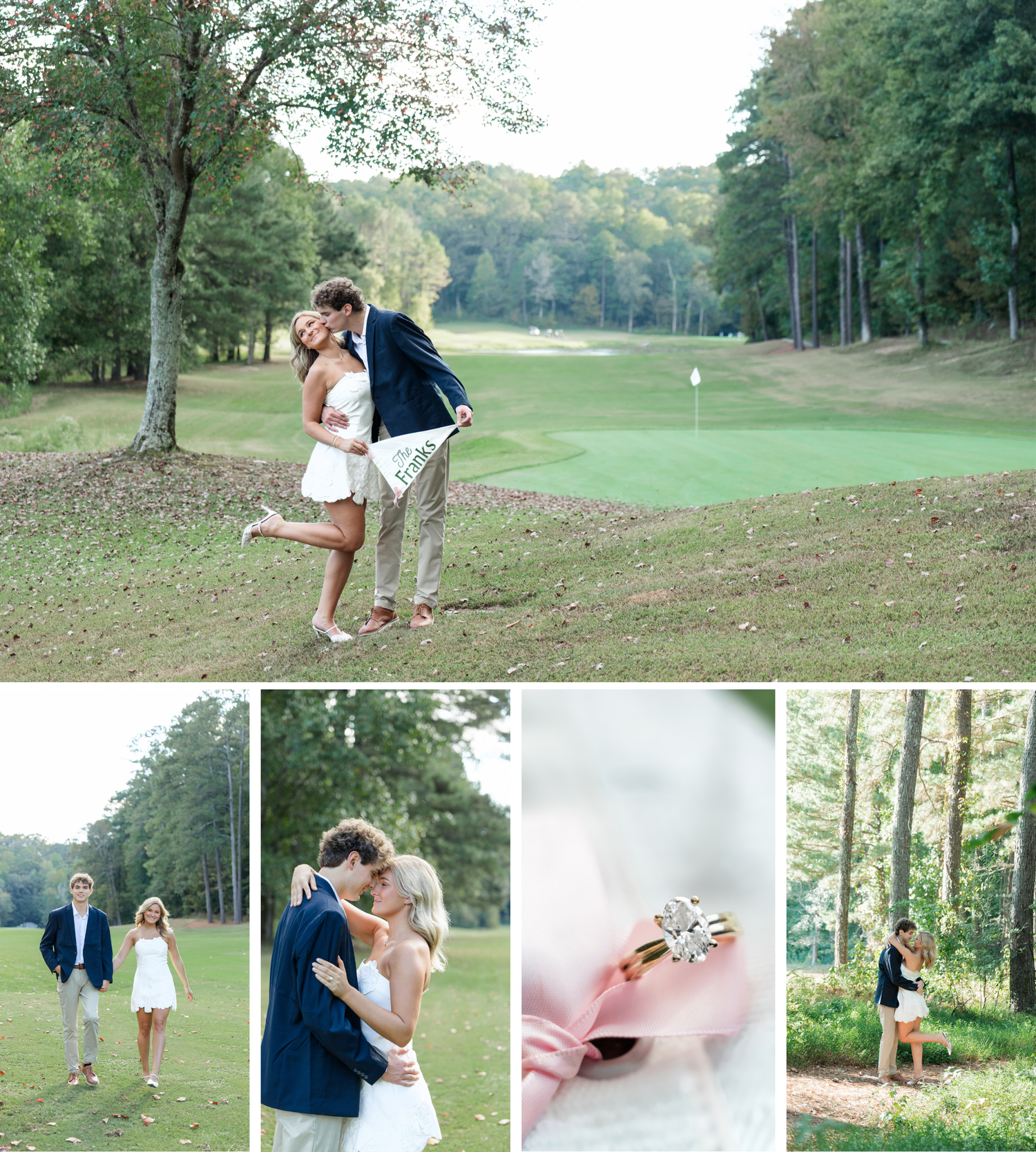 Couple kissing on a golf course during engagement session, woman lifting leg, man in navy blazer, lush green fairway background.
