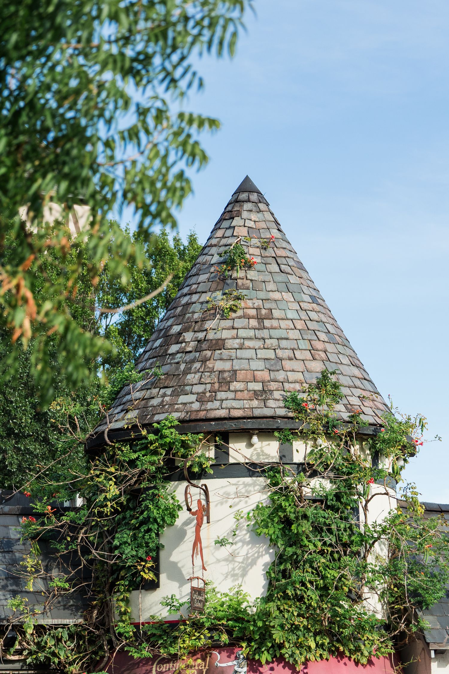 A medieval-style stone conical tower covered in climbing ivy and vines against a blue sky.