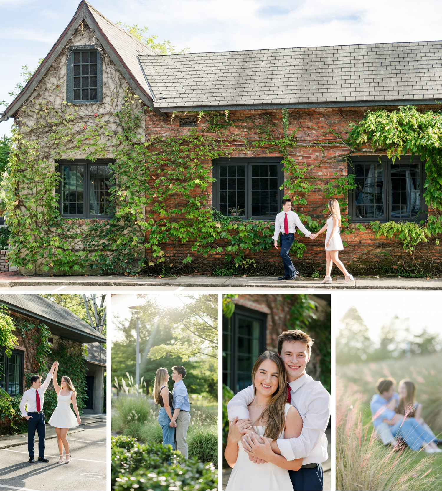 Couple holds hands walking past ivy-covered brick building during romantic outdoor engagement photo session.