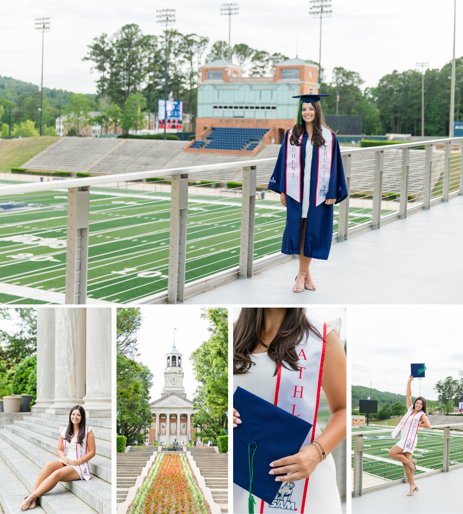 College graduate in navy cap and gown poses at football stadium and campus steps in senior portrait session.