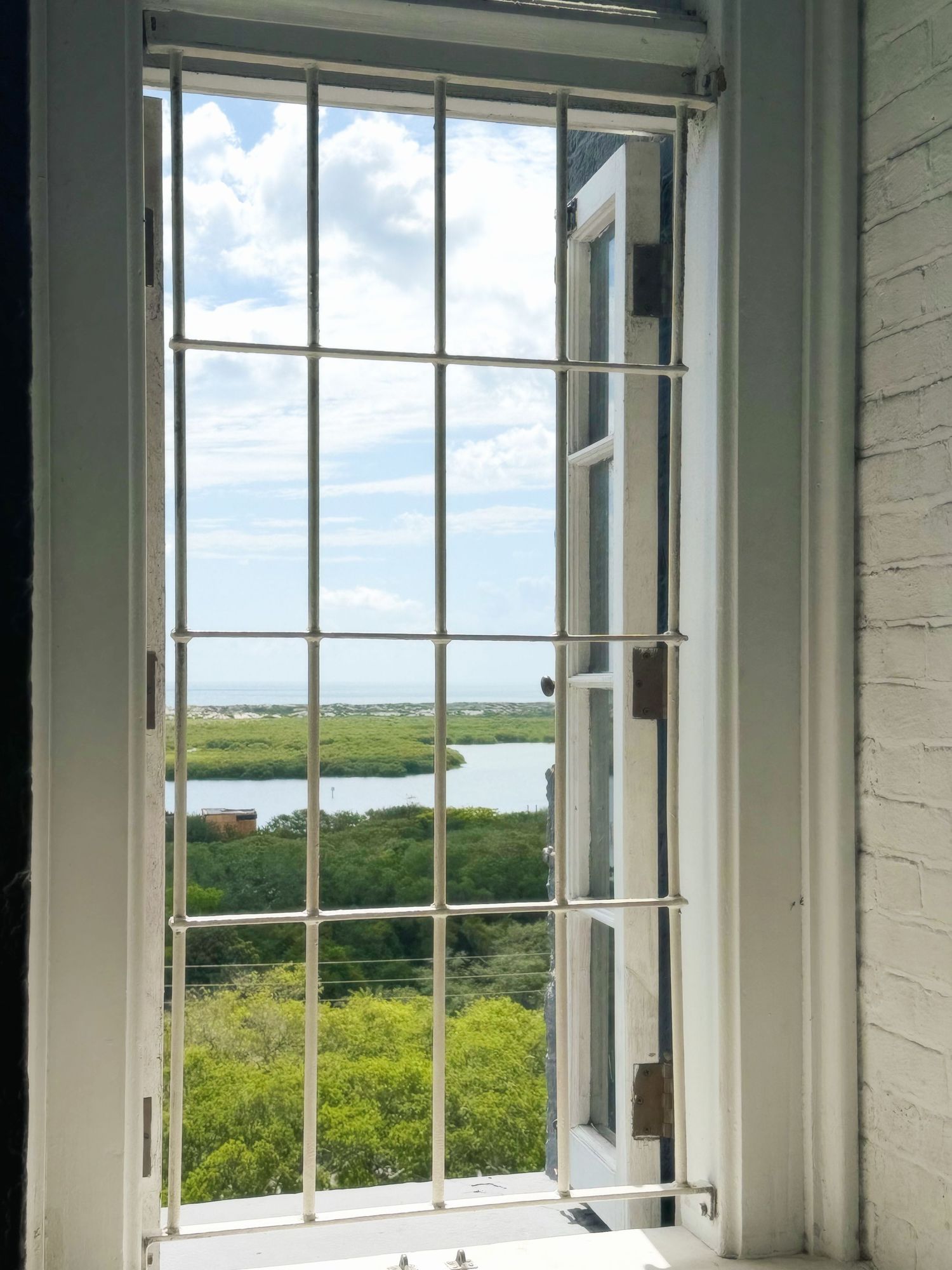 Barred white window overlooking lush green marshland and blue sky from lighthouse interior.