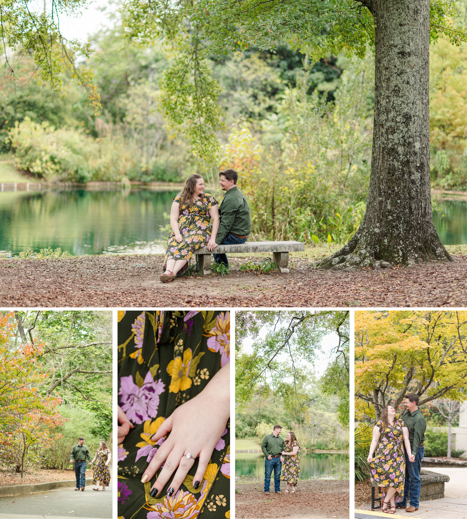 Couple sits on a bench by a serene pond under a large tree, surrounded by lush greenery, with close-up of engagement ring.