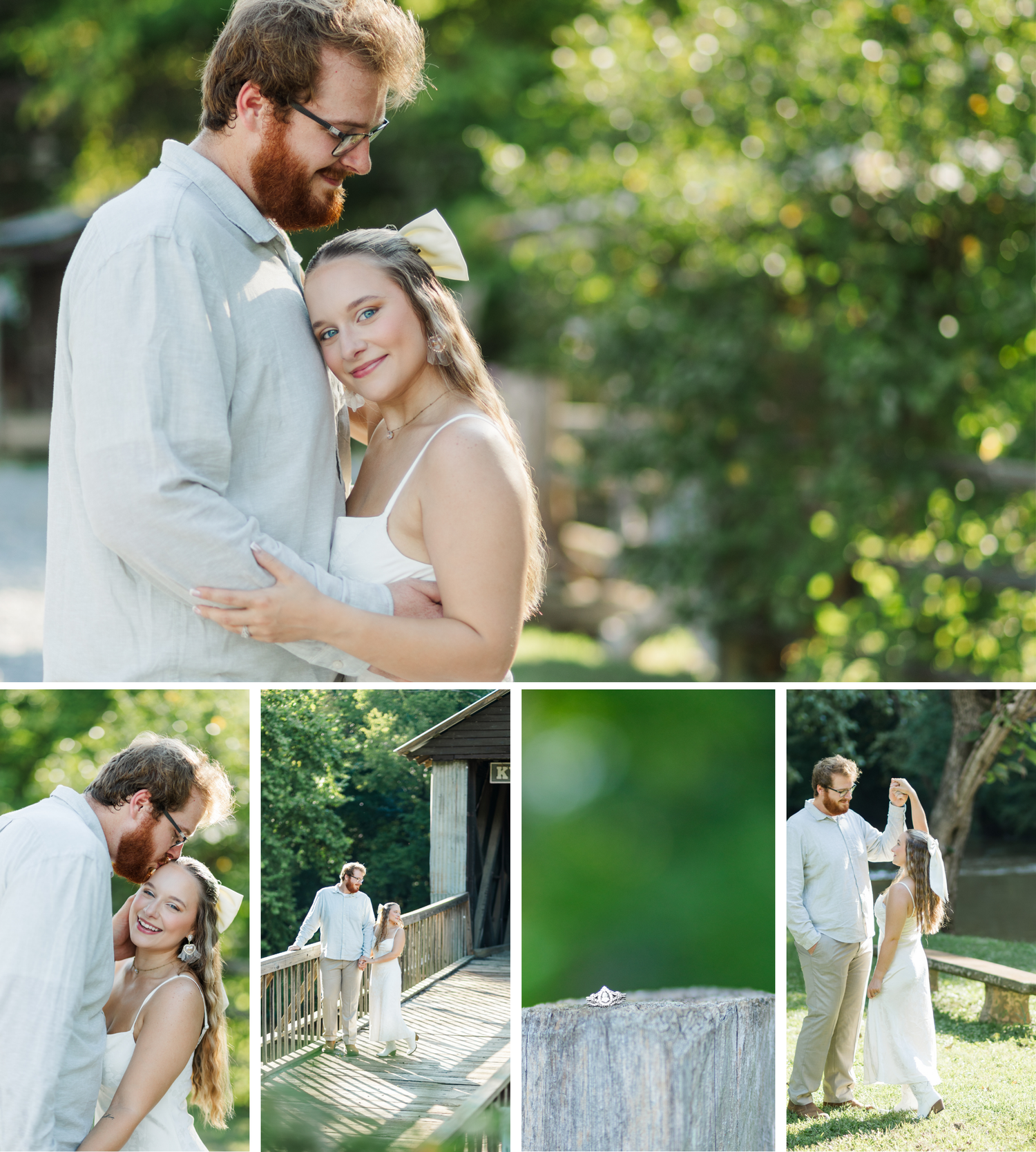 Romantic outdoor engagement photo collage featuring a couple in white and light blue attire embracing in a lush green garden setting.