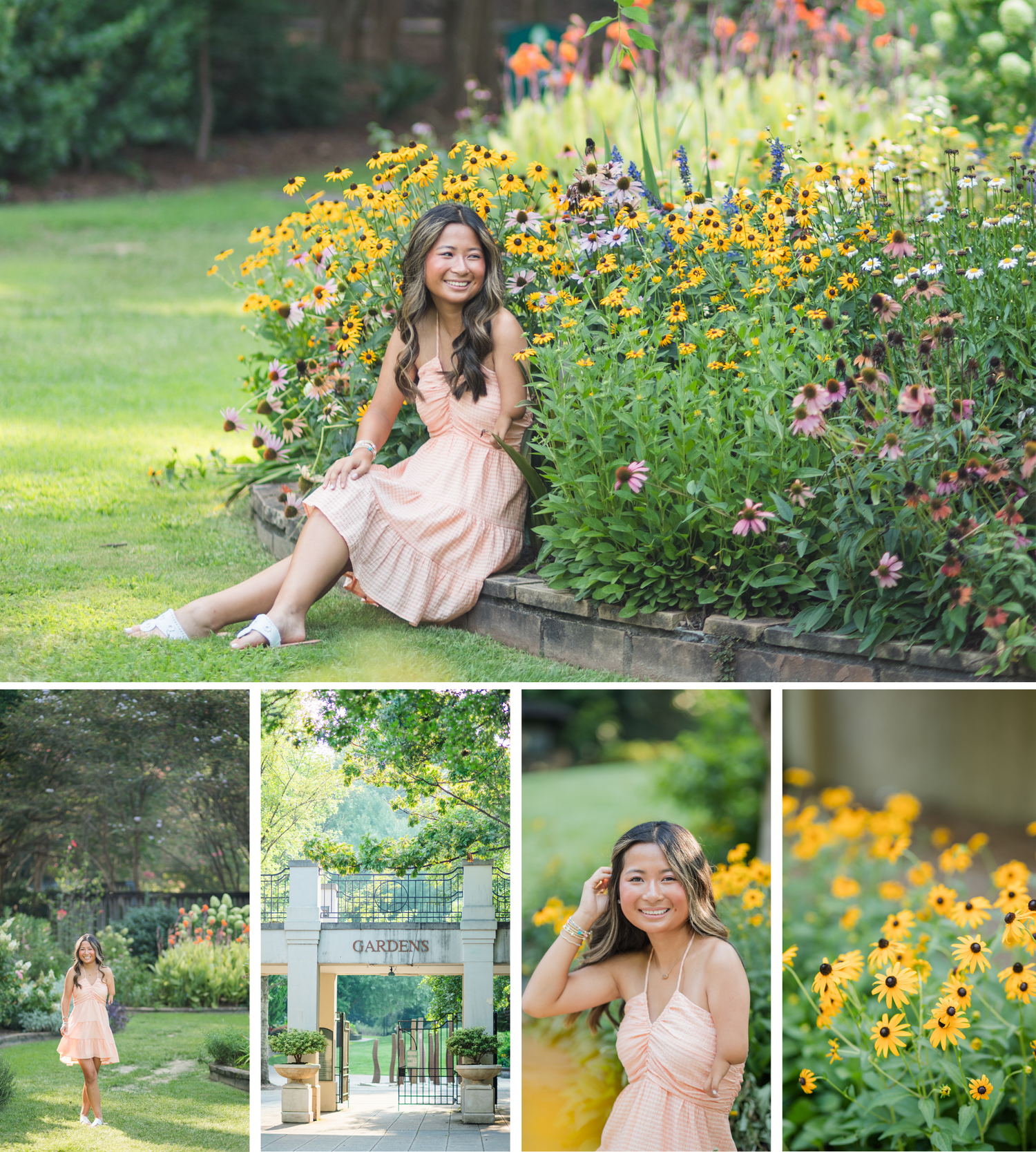Young woman in pink dress poses among colorful wildflowers and black-eyed Susans in a lush garden setting.