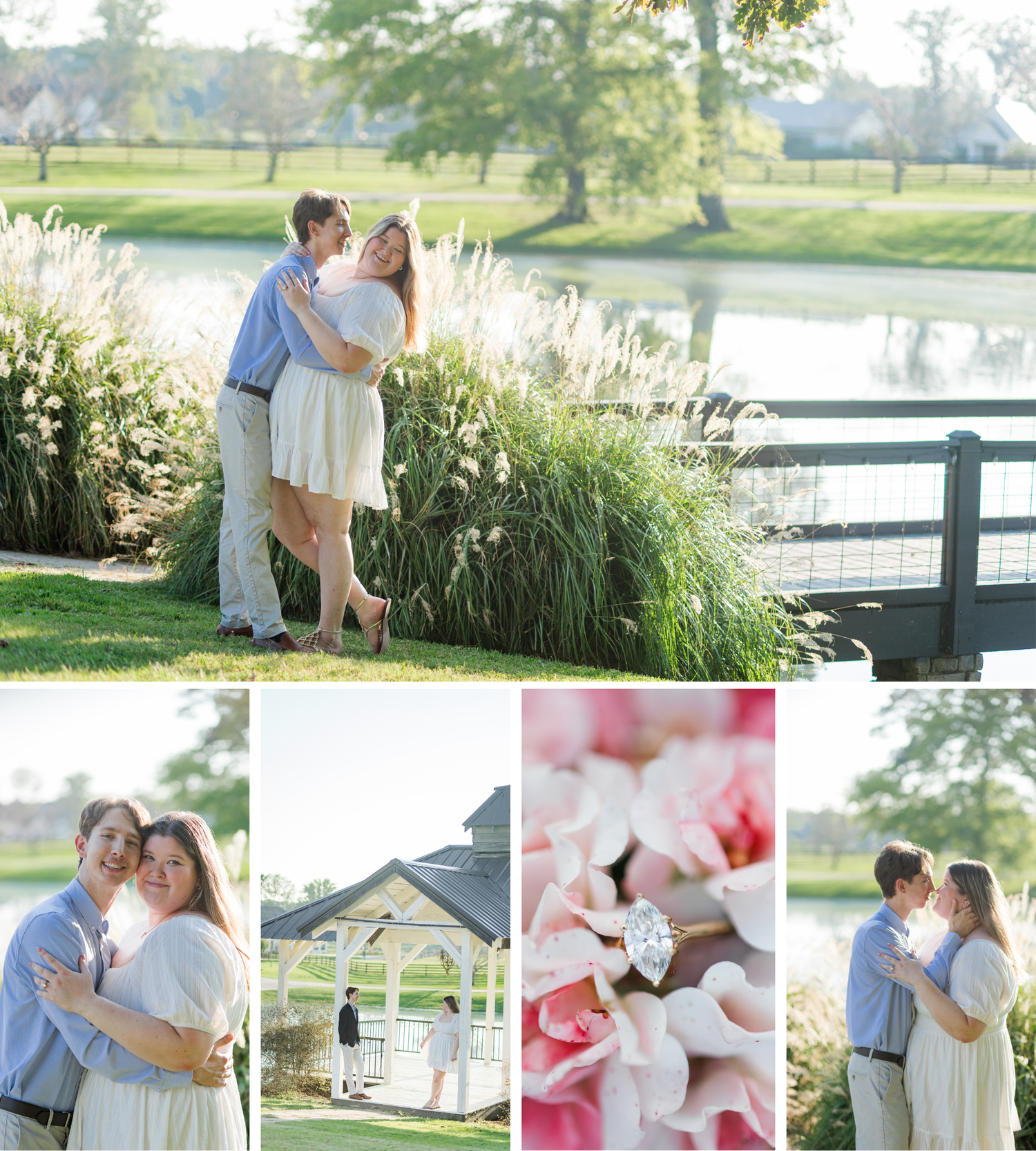 Romantic engagement photo collage featuring couple by pond, close embrace, diamond ring detail, and kiss near garden gazebo.
