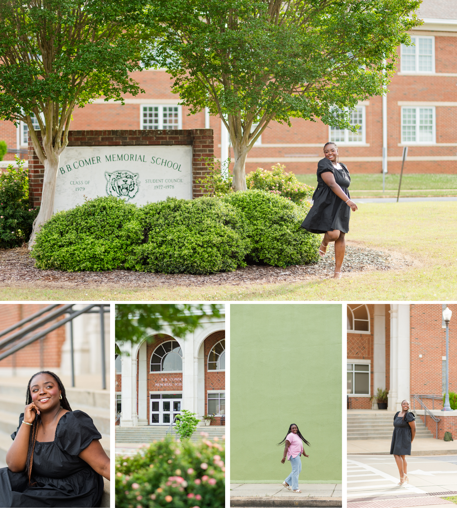 Senior portraits at B.B. Comer Memorial School featuring student in black dress posing outdoors.