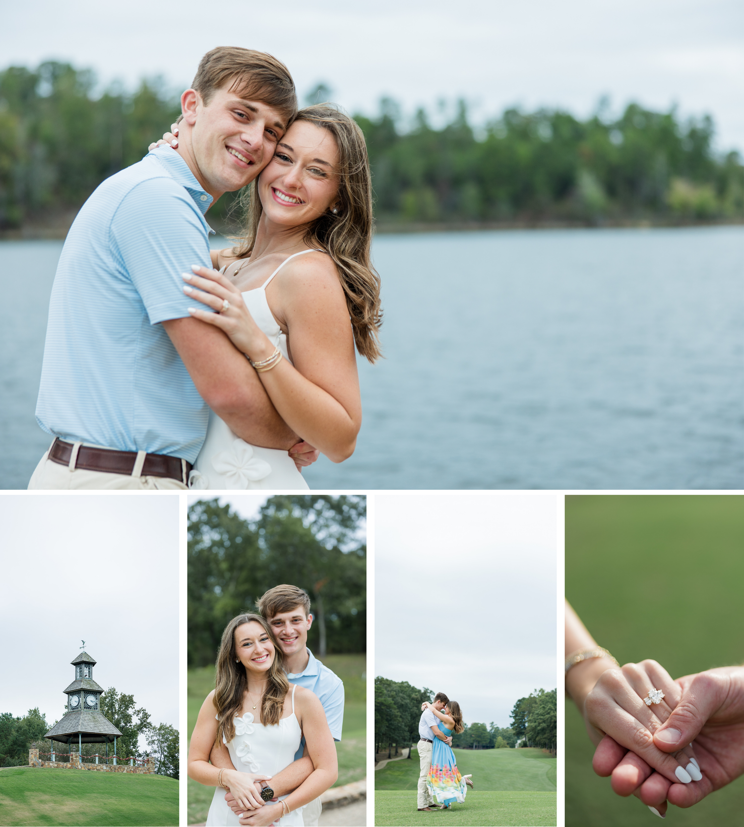 Smiling engaged couple embracing by a calm lake with trees in the background, captured in a romantic engagement photo collage.