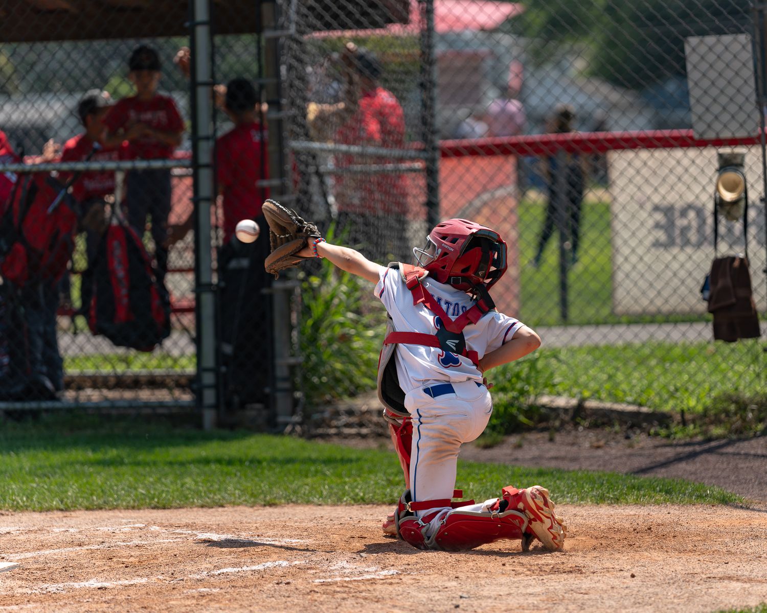 roslyn bluehawks baseball catcher mid catching the ball in the glove
