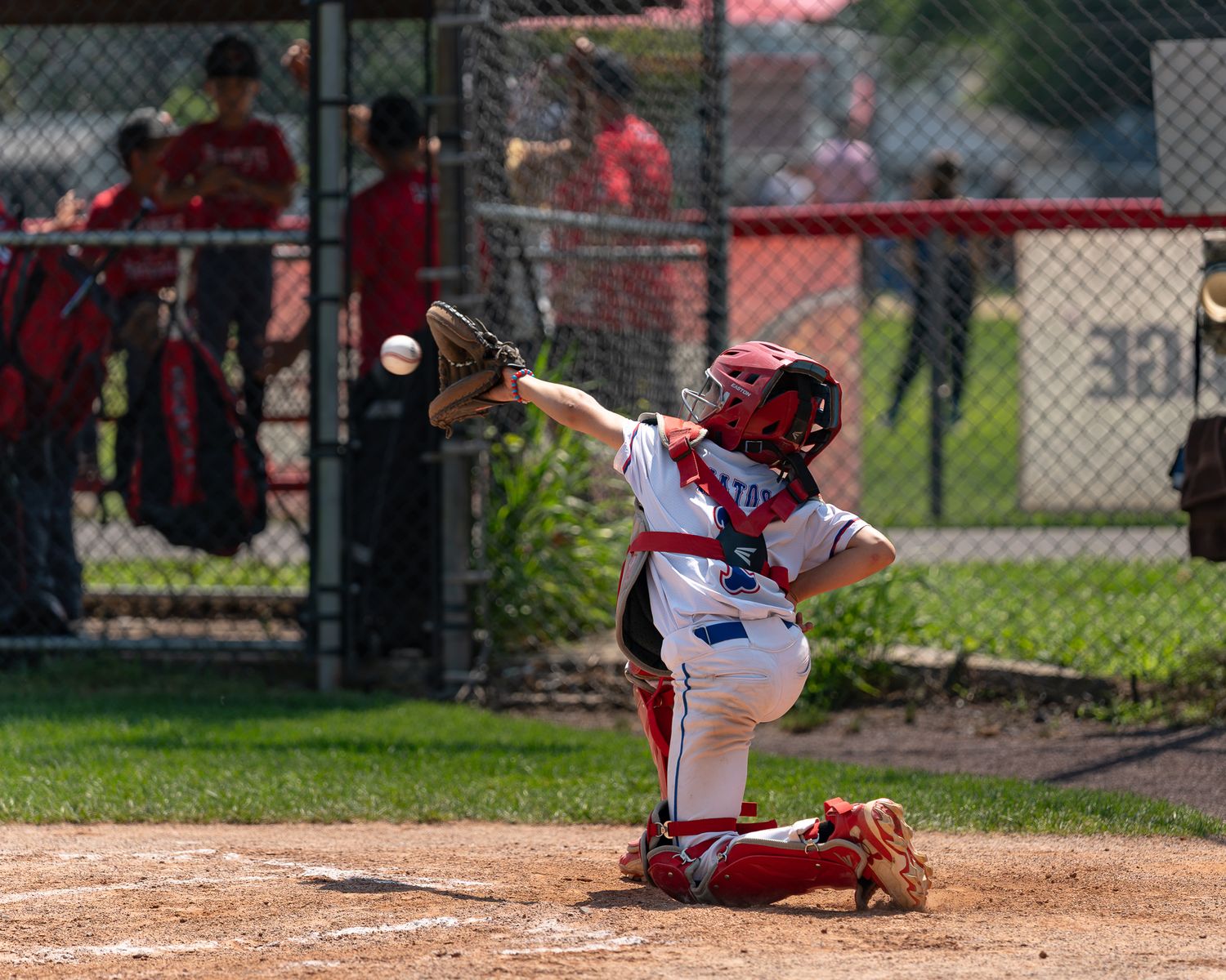 roslyn bluehawks baseball catcher mid catching the ball in the glove