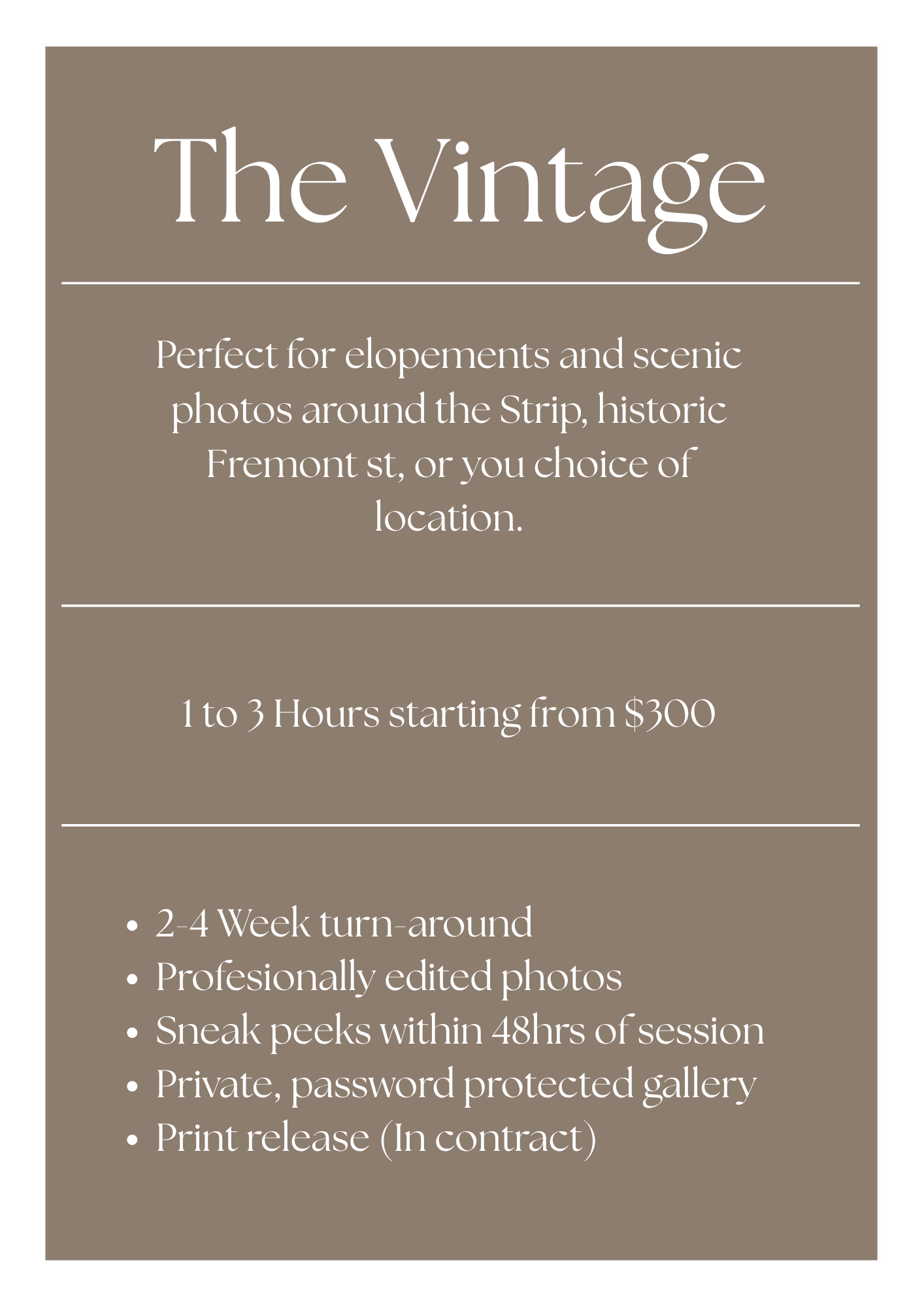 The Vintage photography package card offering elopement and scenic photos starting at $300 for 1-3 hours in Las Vegas.