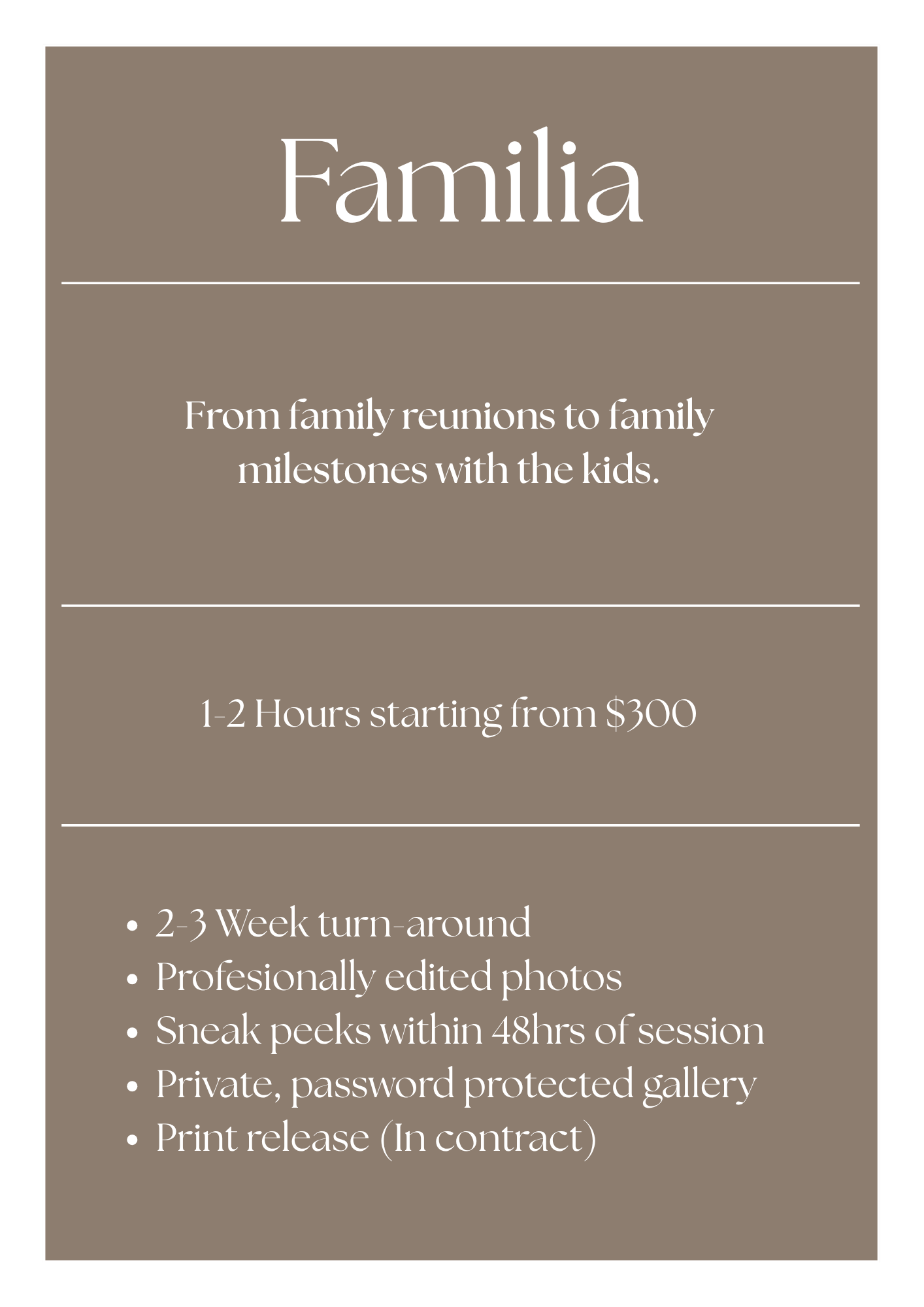 Familia photography package card offering 1-2 hour family sessions starting from $300 with professional editing.